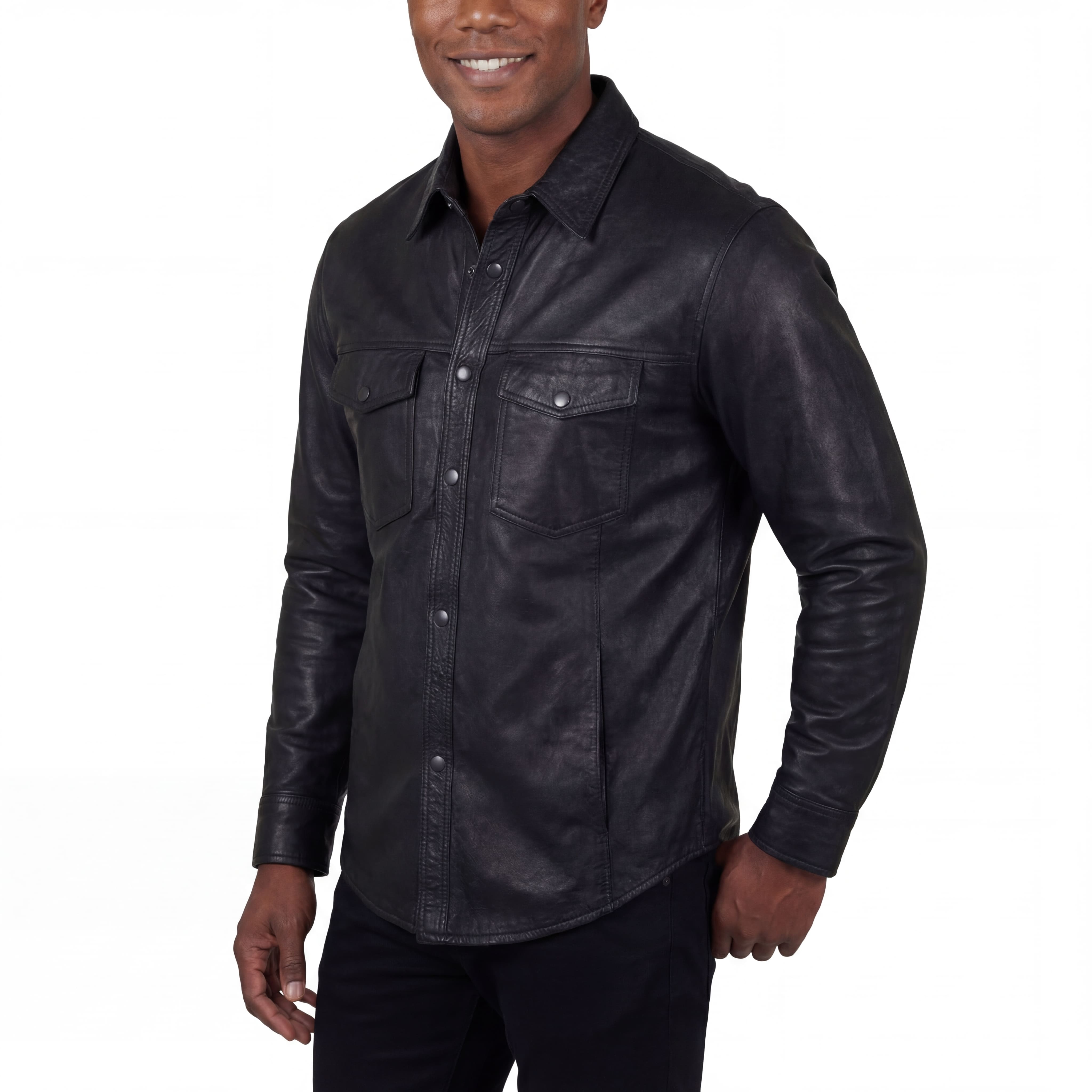 High Mileage Mens Concealed Carry Black Premium Cowhide Biker Motorcycle Leather Shirt - Side Pose1