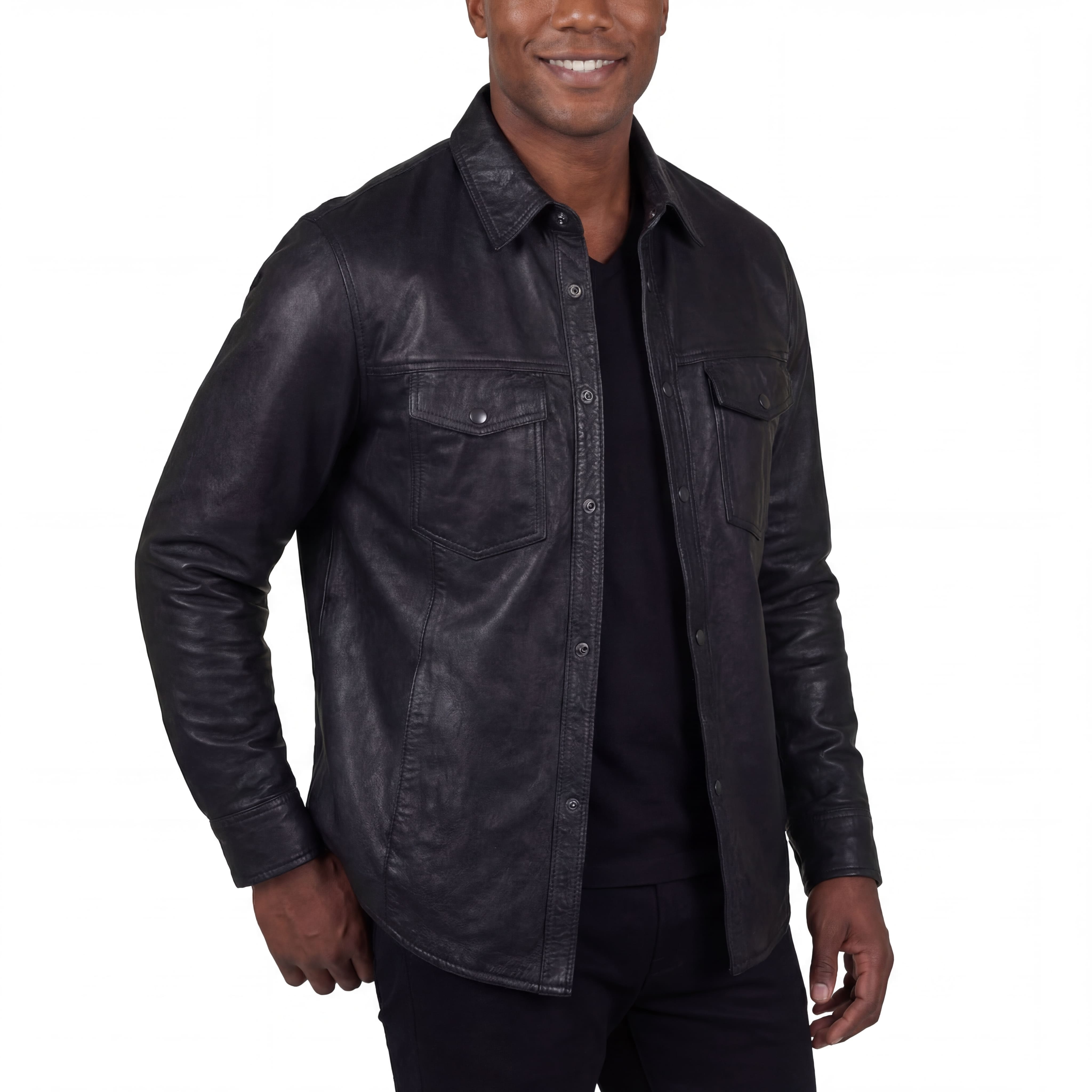 High Mileage Mens Concealed Carry Black Premium Cowhide Biker Motorcycle Leather Shirt - Side Pose