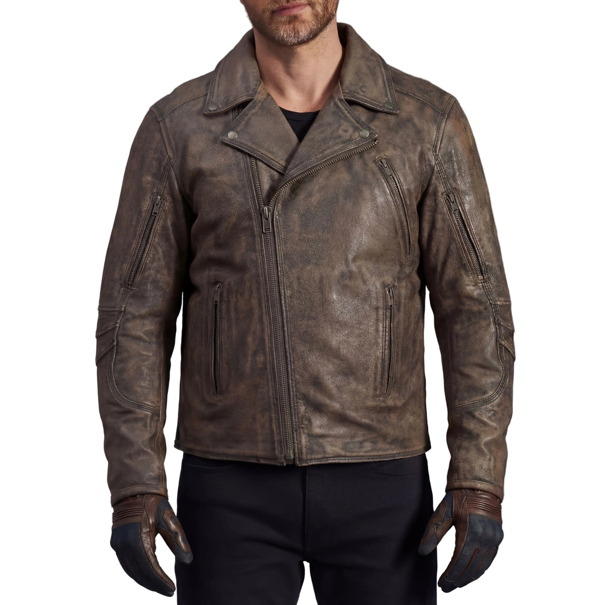 High Mileage Men's Distressed Brown Premium Cowhide Leather Motorcycle Jacket w Dual CCW Pockets & Removable Z-O Liner