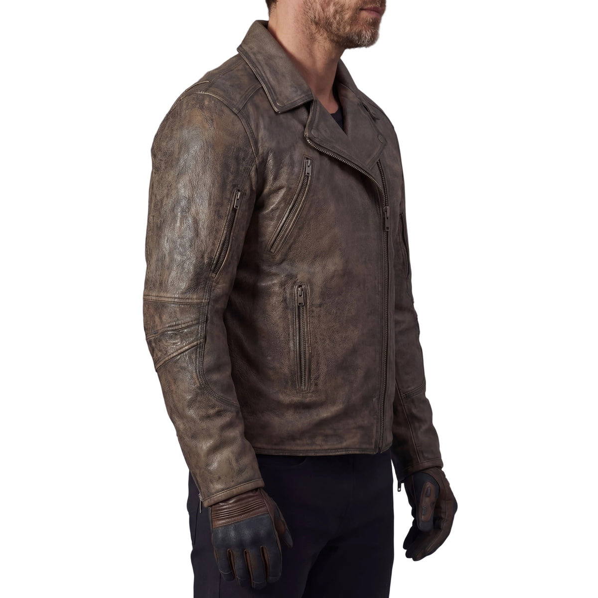 High Mileage Men's Distressed Brown Premium Cowhide Leather Motorcycle Jacket w Dual CCW Pockets & Removable Z-O Liner