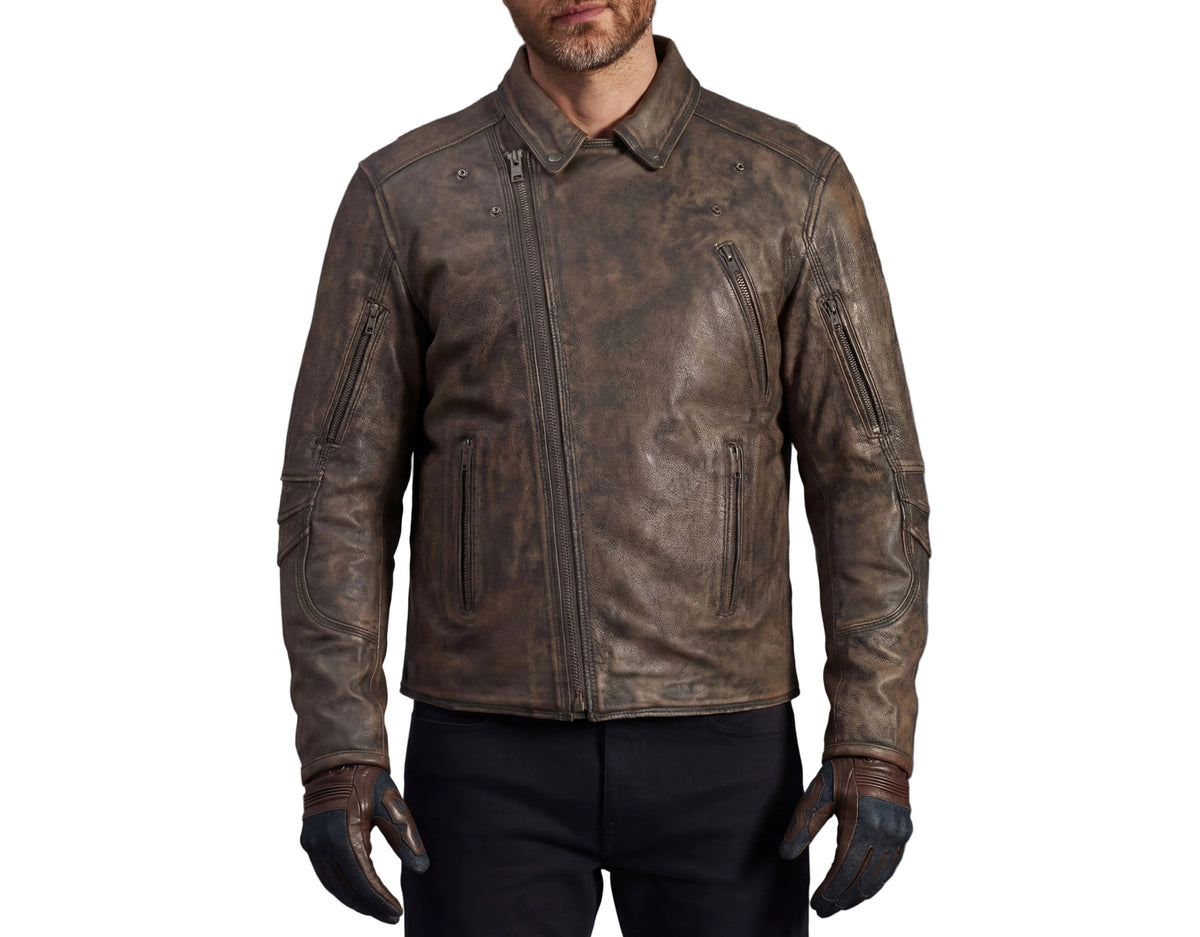 High Mileage Men's Distressed Brown Premium Cowhide Leather Motorcycle Jacket w Dual CCW Pockets & Removable Z-O Liner
