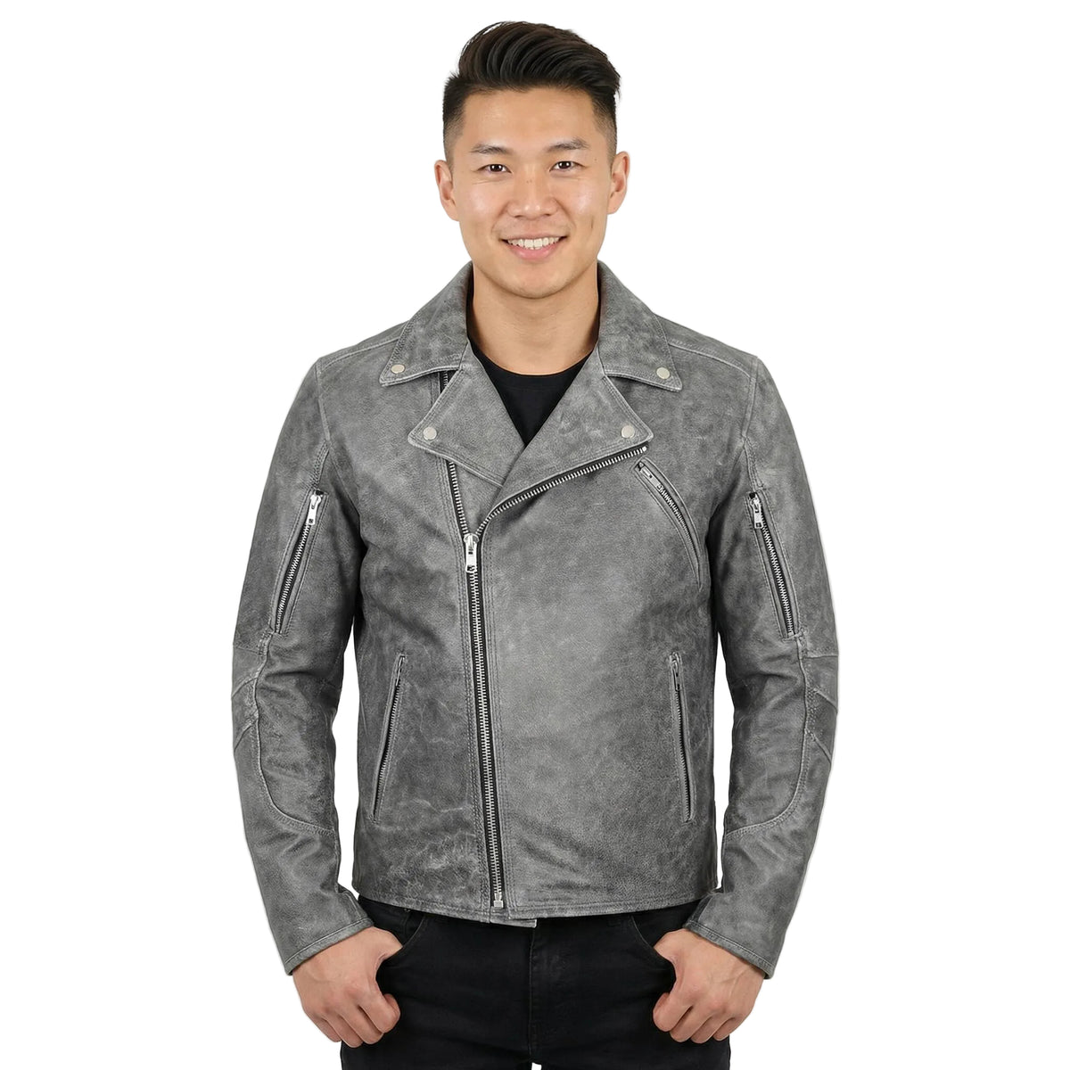 High Mileage Mens Beltless Dual CCW Distressed Gray Premium Cowhide Leather Biker Motorcycle Jacket