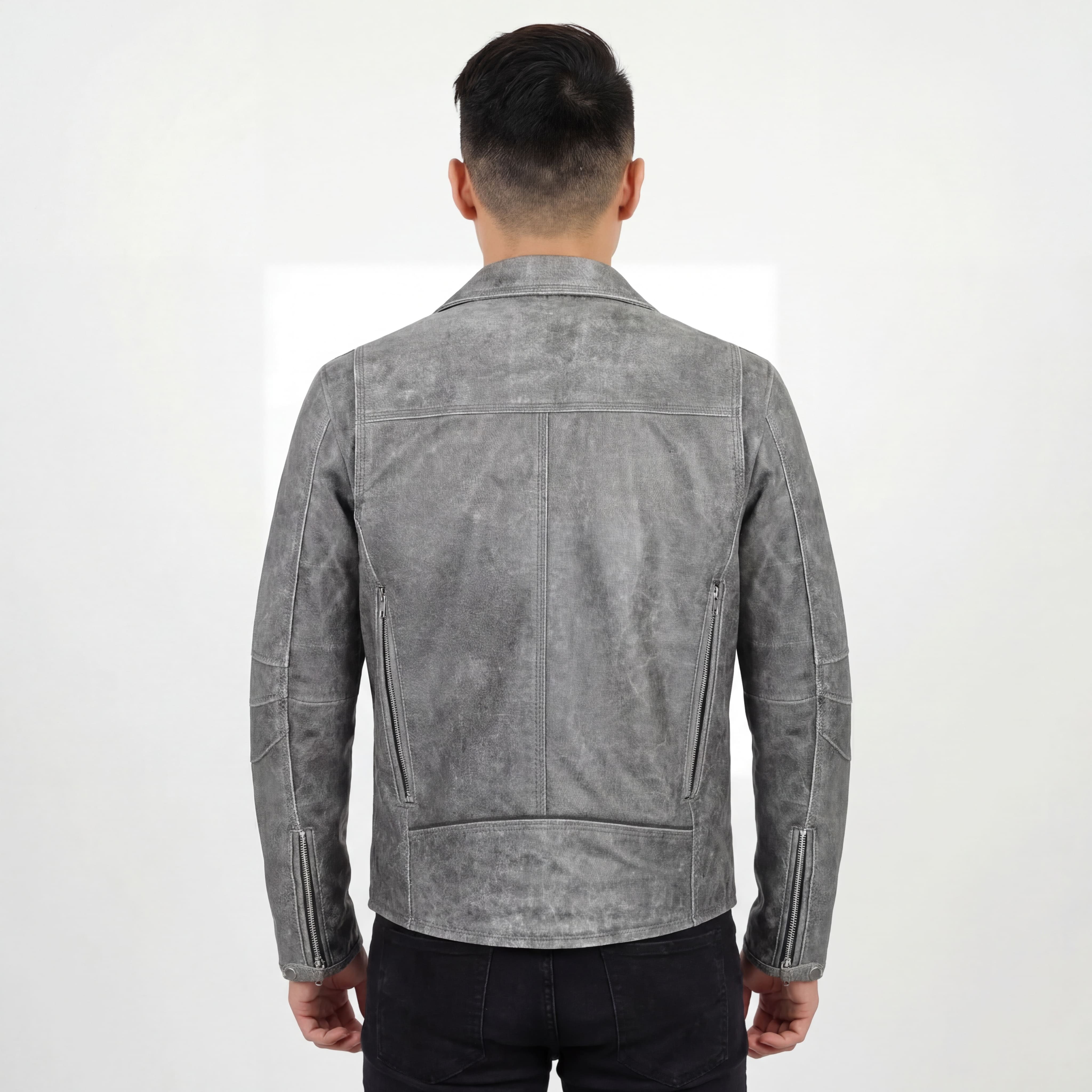High Mileage Mens Beltless Dual Conceal Carry Distressed Gray Premium Cowhide Leather Biker Motorcycle Jacket