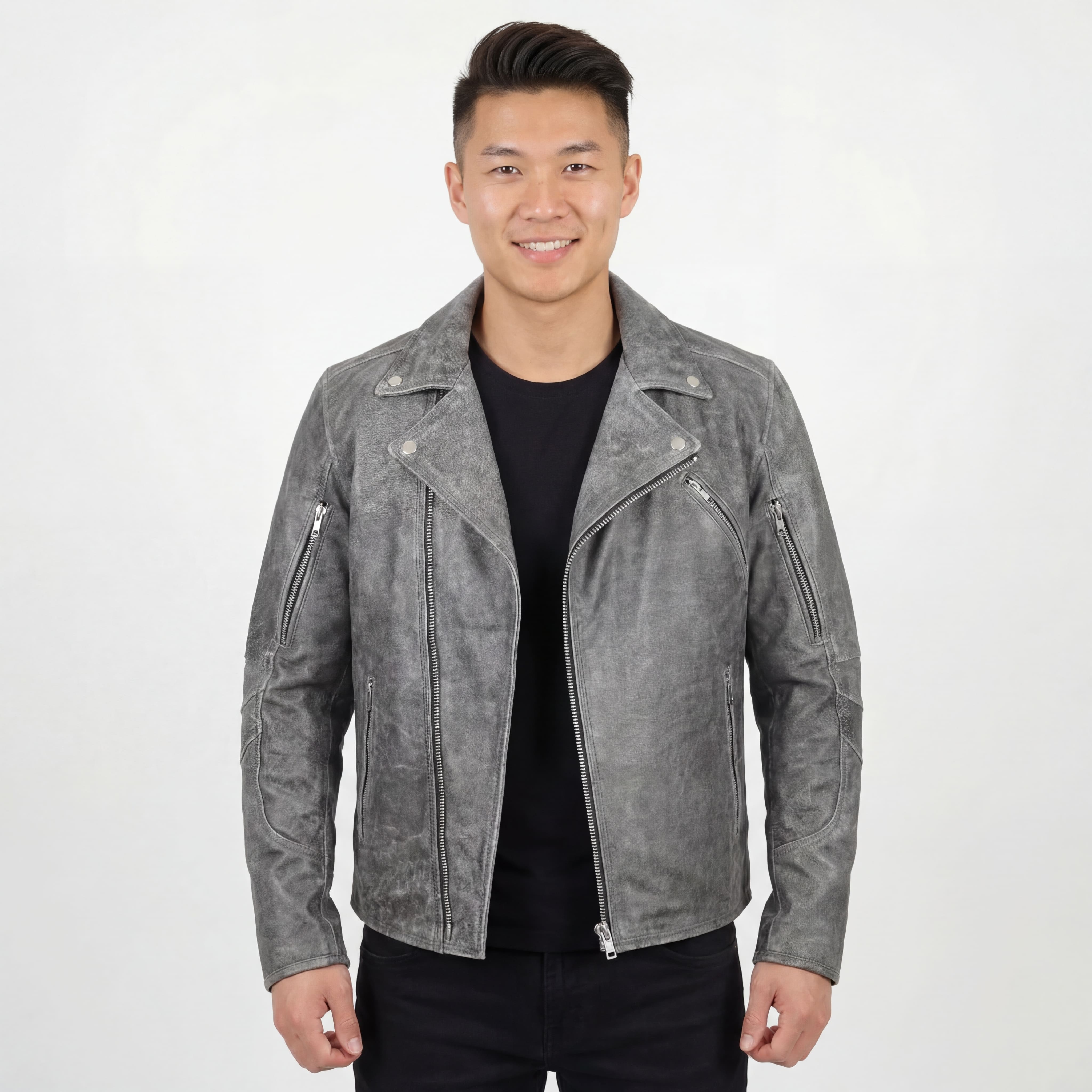 High Mileage Mens Beltless Dual Conceal Carry Distressed Gray Premium Cowhide Leather Biker Motorcycle Jacket