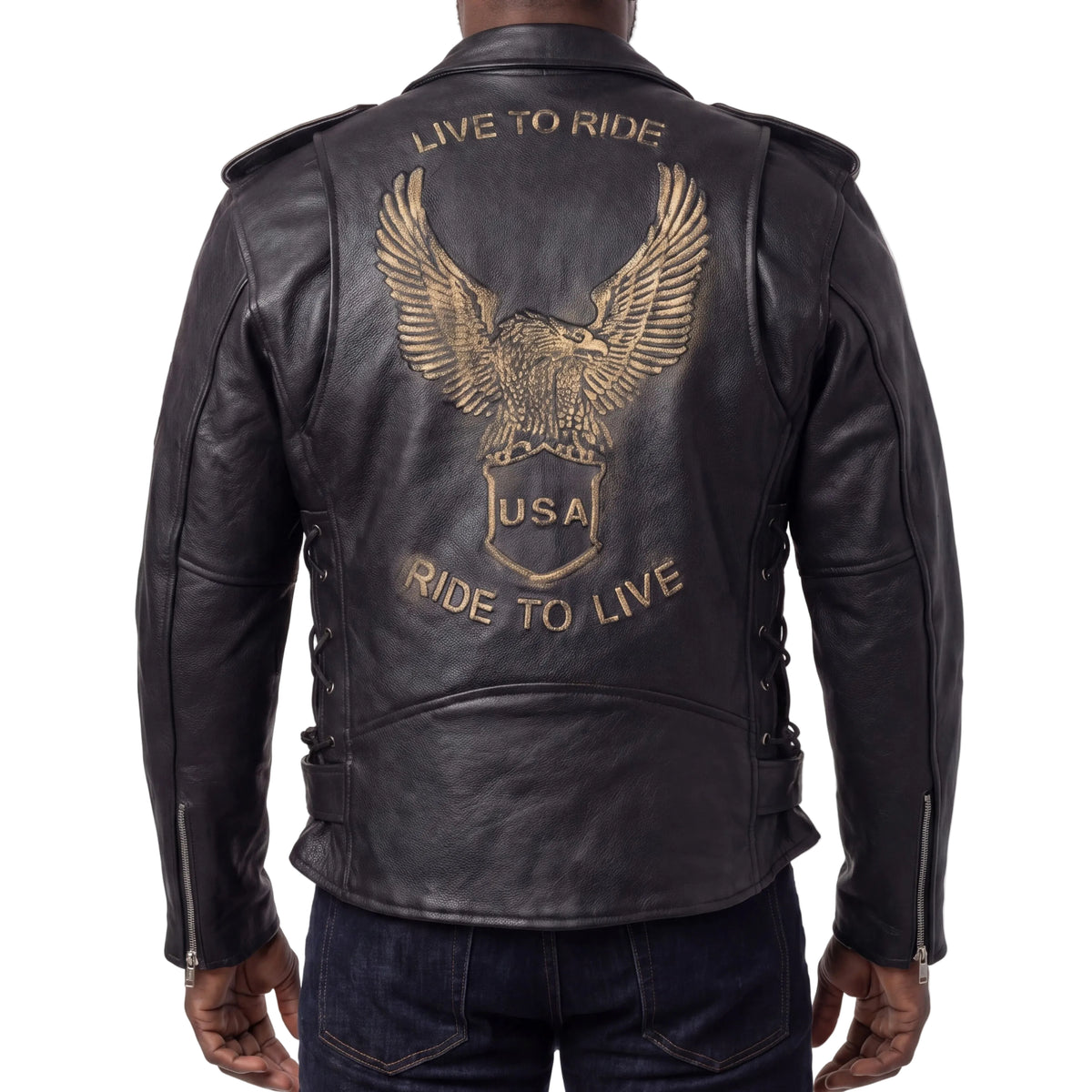 Mens Eagle Embossed Live To Ride - Ride To Live Classic Black Leather Motorcycle Jacket - Gold Back Pose