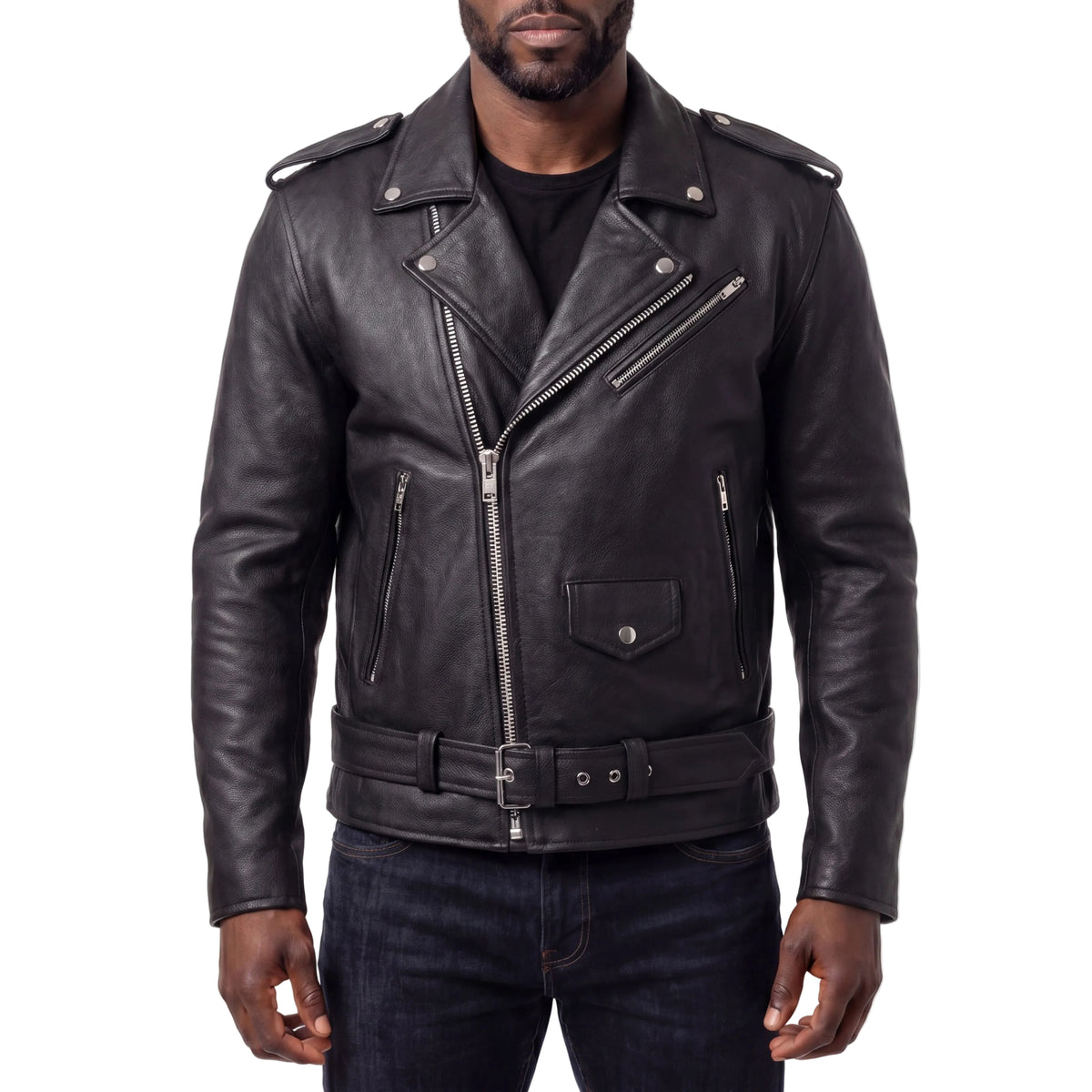 Mens Eagle Embossed Live To Ride - Ride To Live Classic Black Leather Motorcycle Jacket - Front Pose