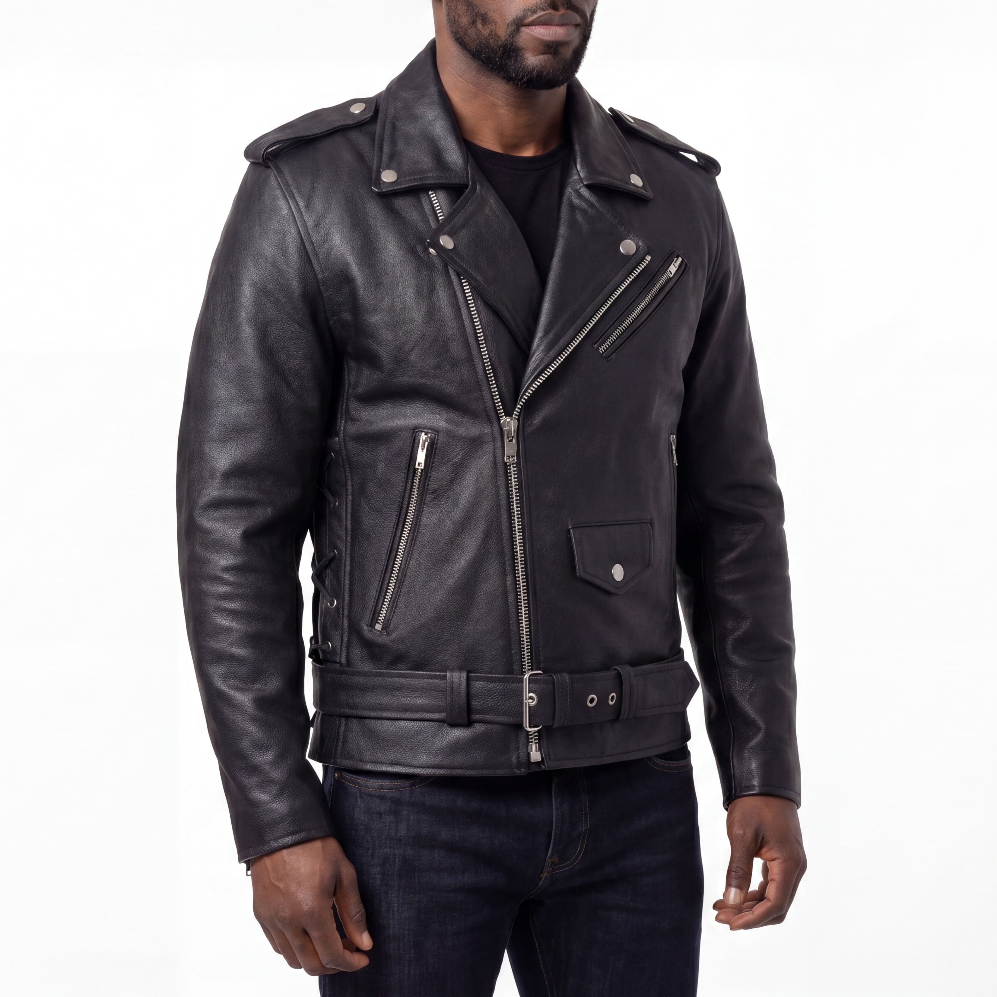 Mens Eagle Embossed Live To Ride - Ride To Live Classic Black Leather Motorcycle Jacket - Side Pose