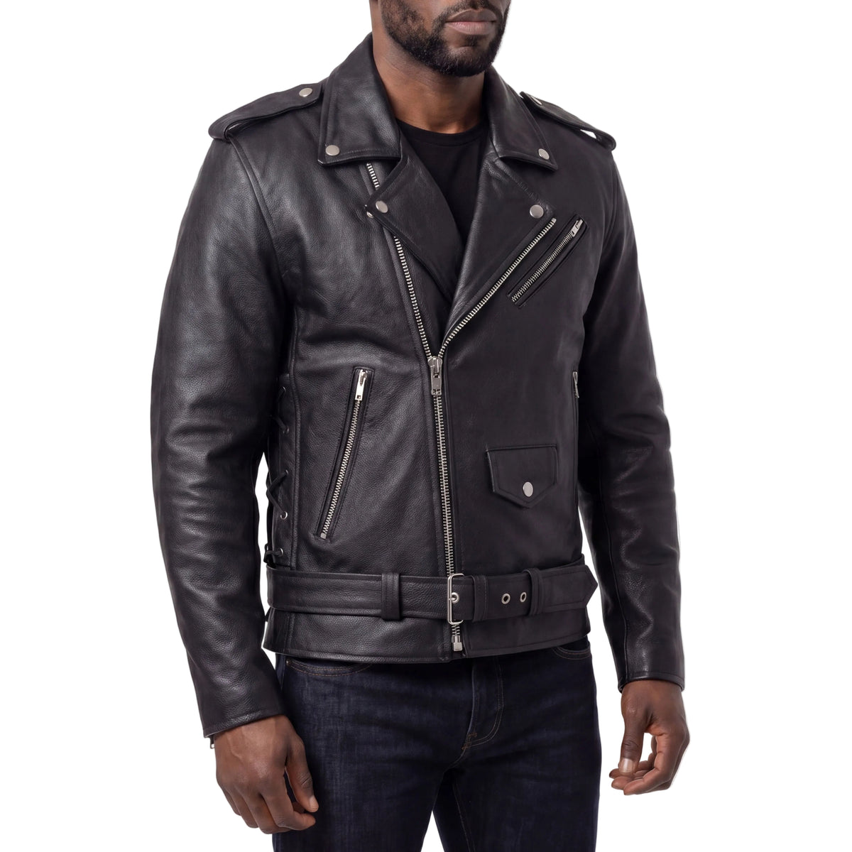 Mens Eagle Embossed Live To Ride - Ride To Live Classic Black Leather Motorcycle Jacket - Side Pose