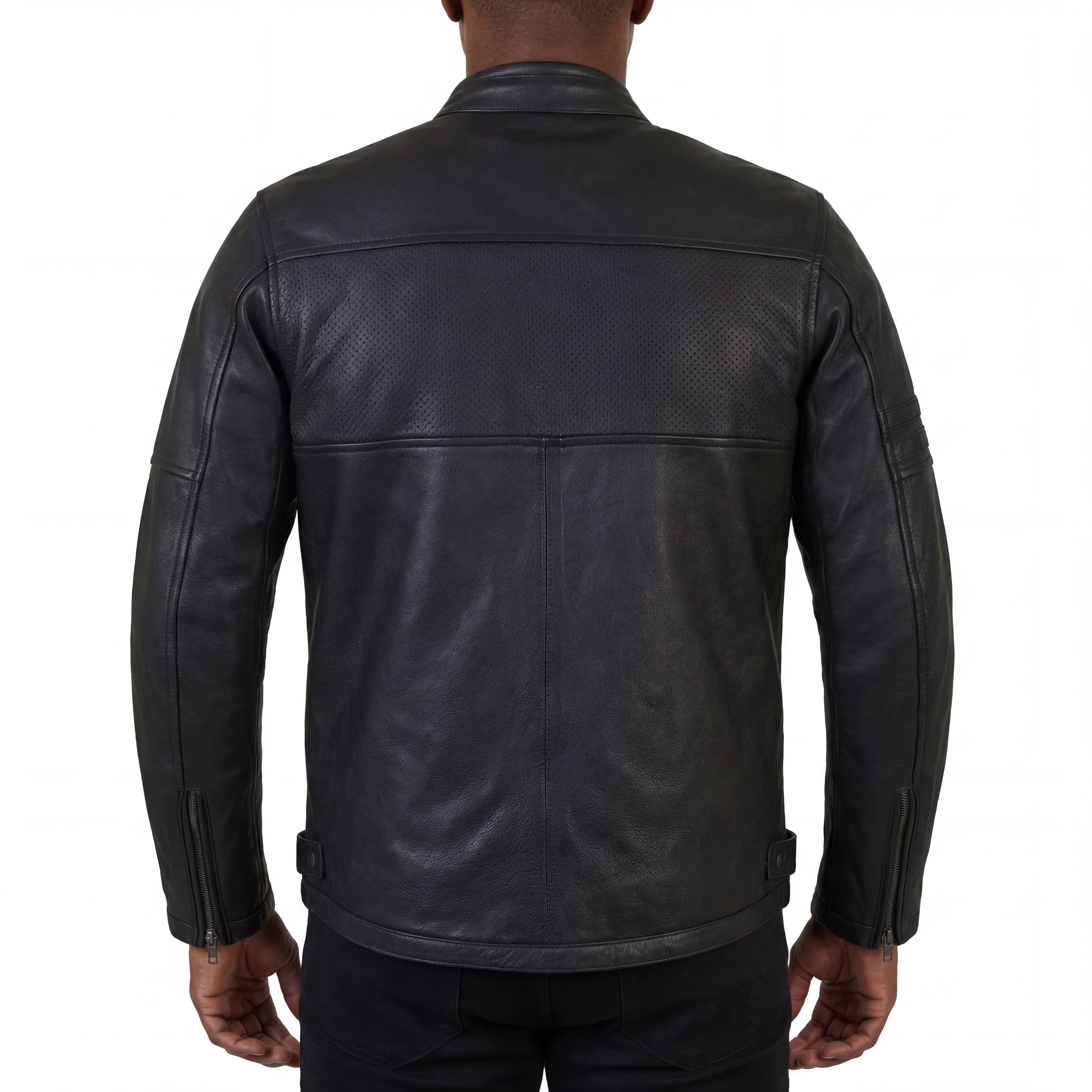 High Mileage Mens Premium Commuter Cafe Racer Motorcycle Leather Jacket with Removeable CE Armor - Back Pose