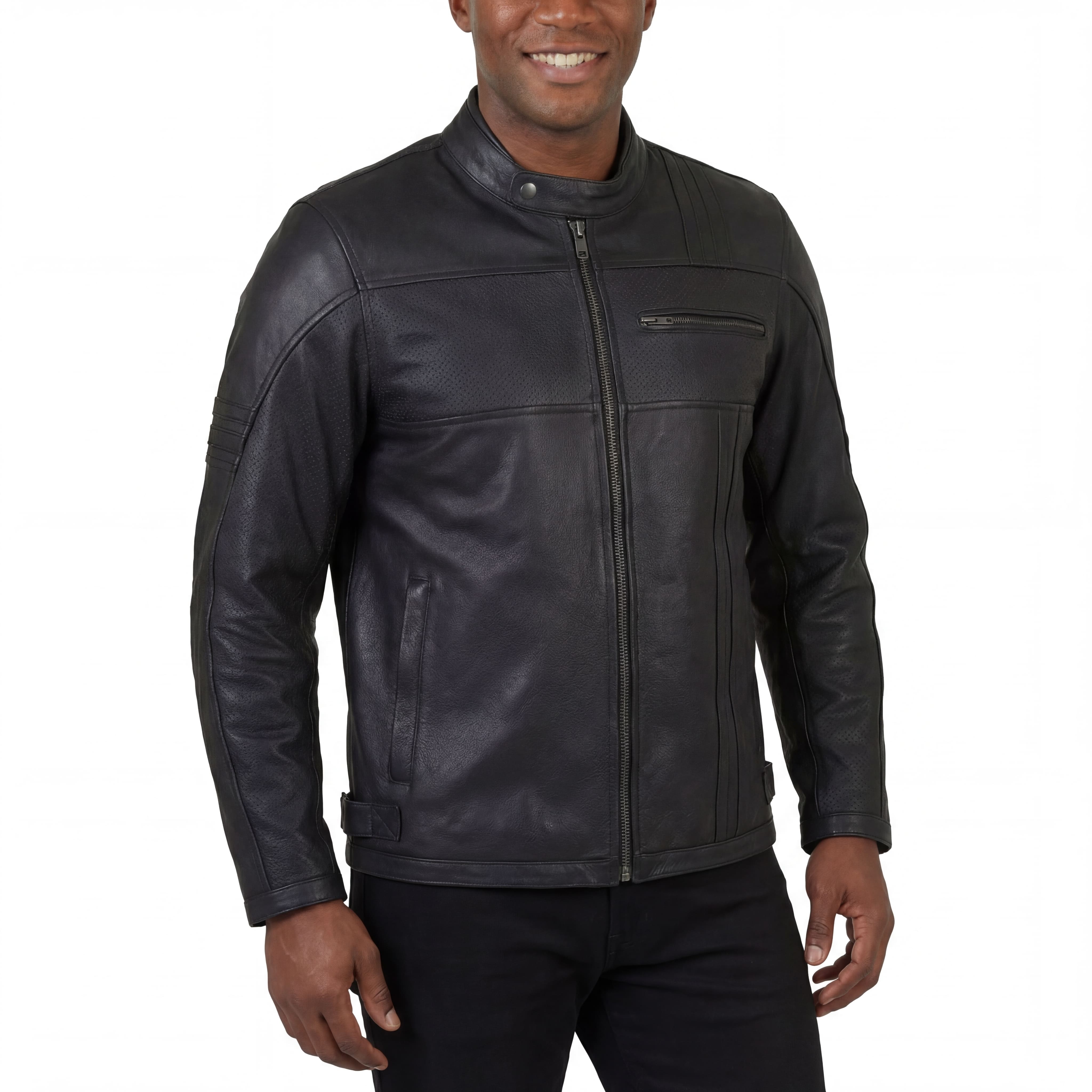 High Mileage Mens Premium Commuter Cafe Racer Motorcycle Leather Jacket with Removeable CE Armor - Side Pose