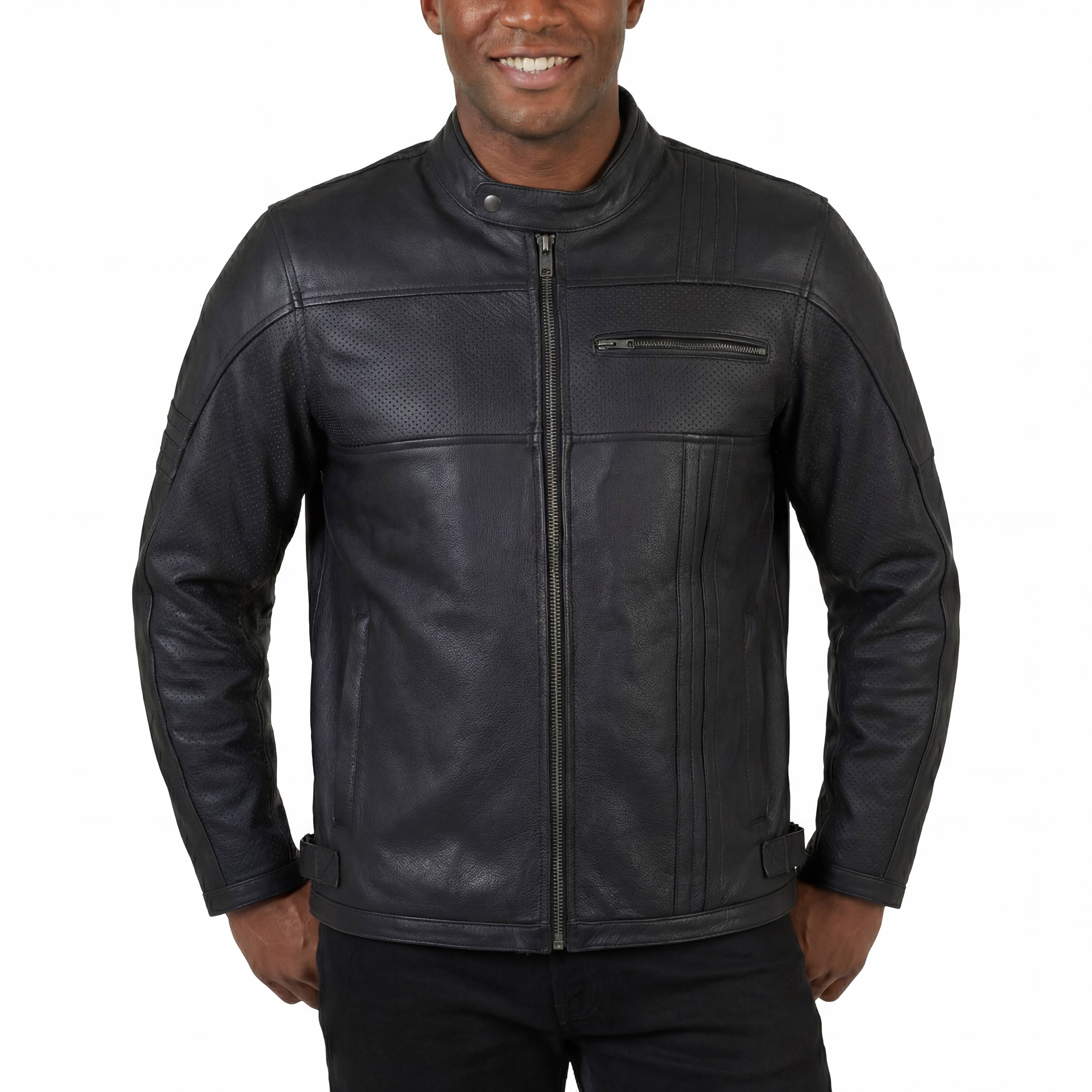 High Mileage Mens Premium Commuter Cafe Racer Motorcycle Leather Jacket with Removeable CE Armor - Pic