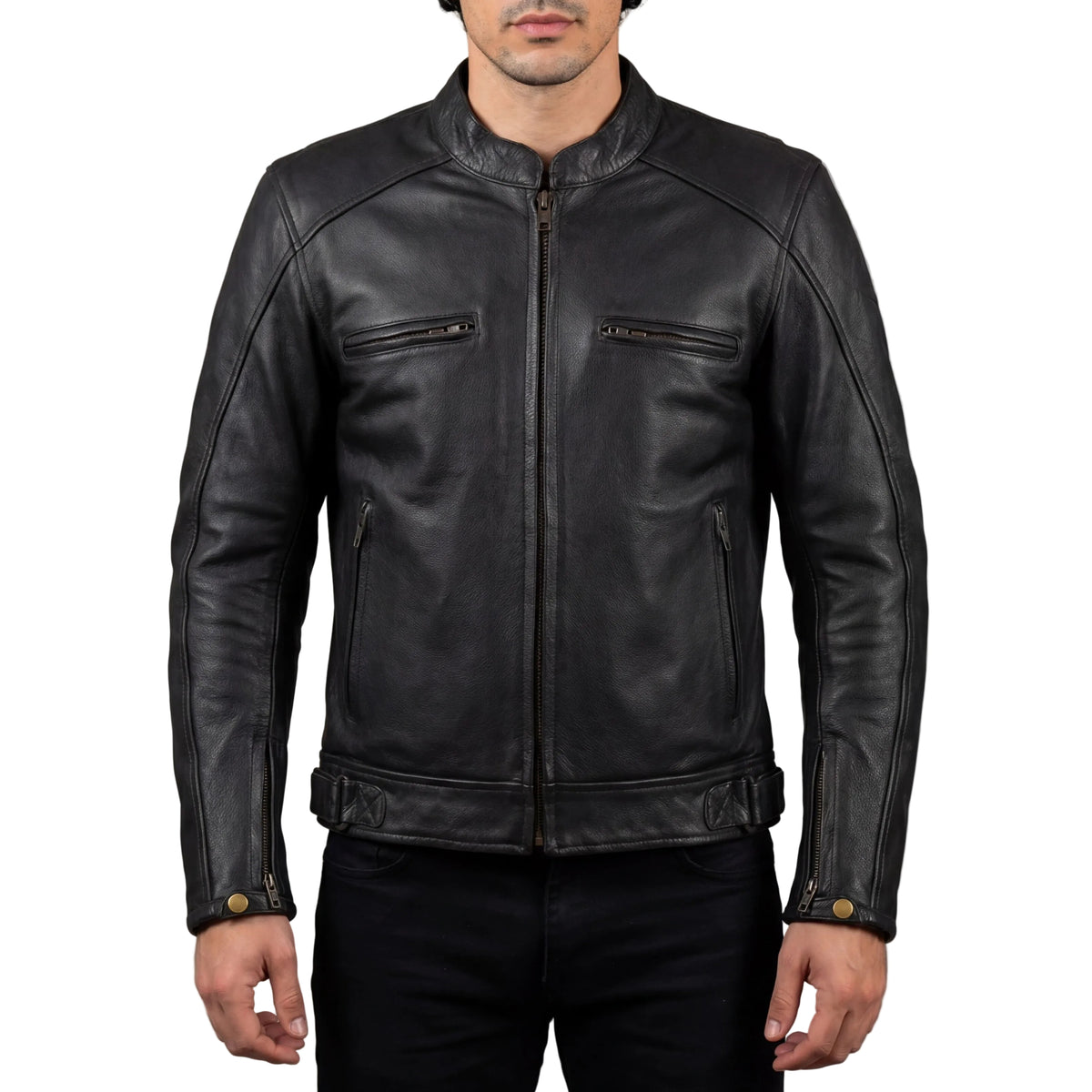 High Mileage Mens Dual Conceal Carry Vented Sport Style Cowhide Leather Biker Motorcycle Riding Jacket - Front Pose
