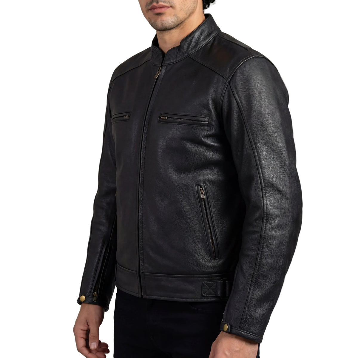High Mileage Mens Dual Conceal Carry Vented Sport Style Cowhide Leather Biker Motorcycle Riding Jacket - Side Pose