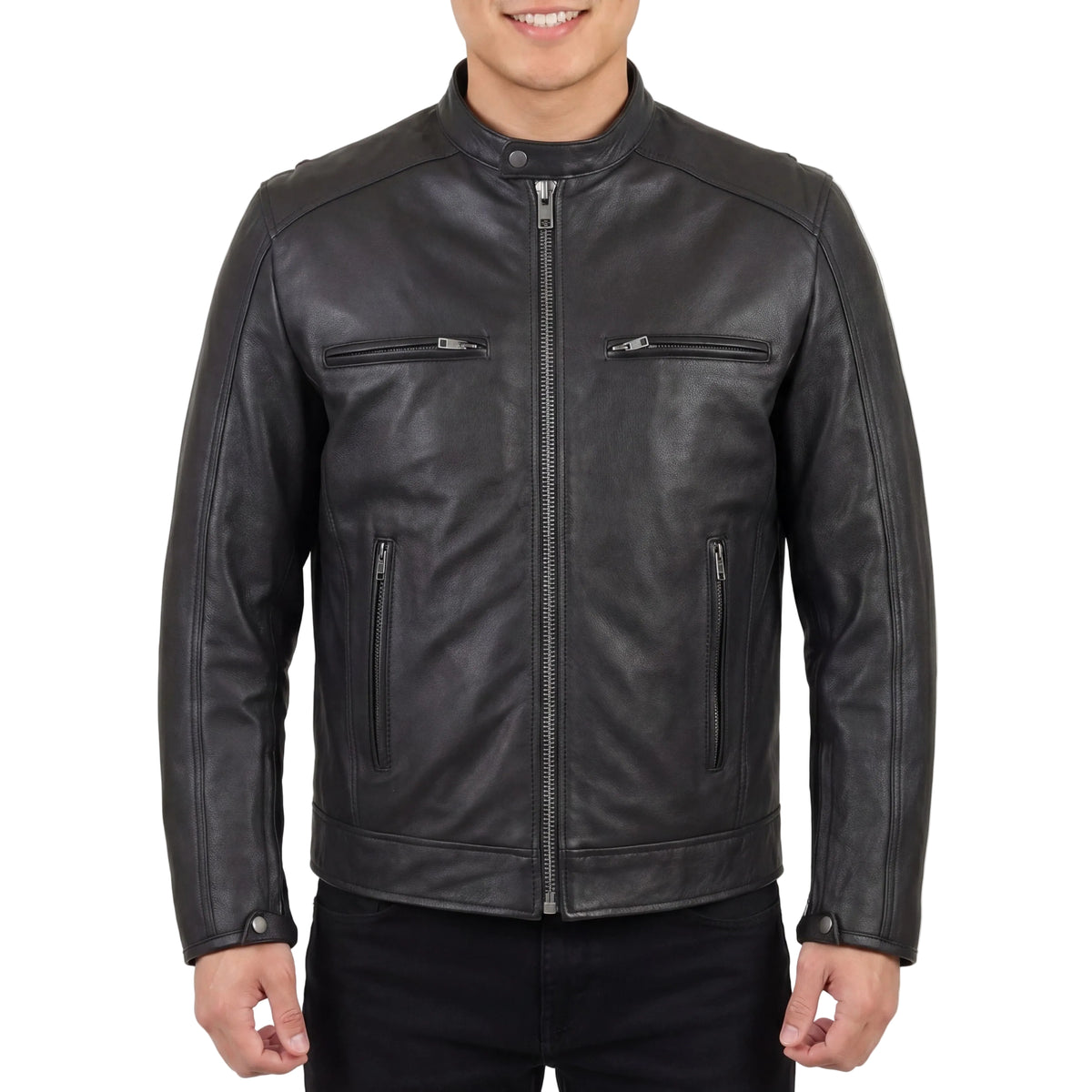 High Mileage Men's Premium Black Leather 'Racer Commuter' Scooter Motorcycle Jacket - front pose