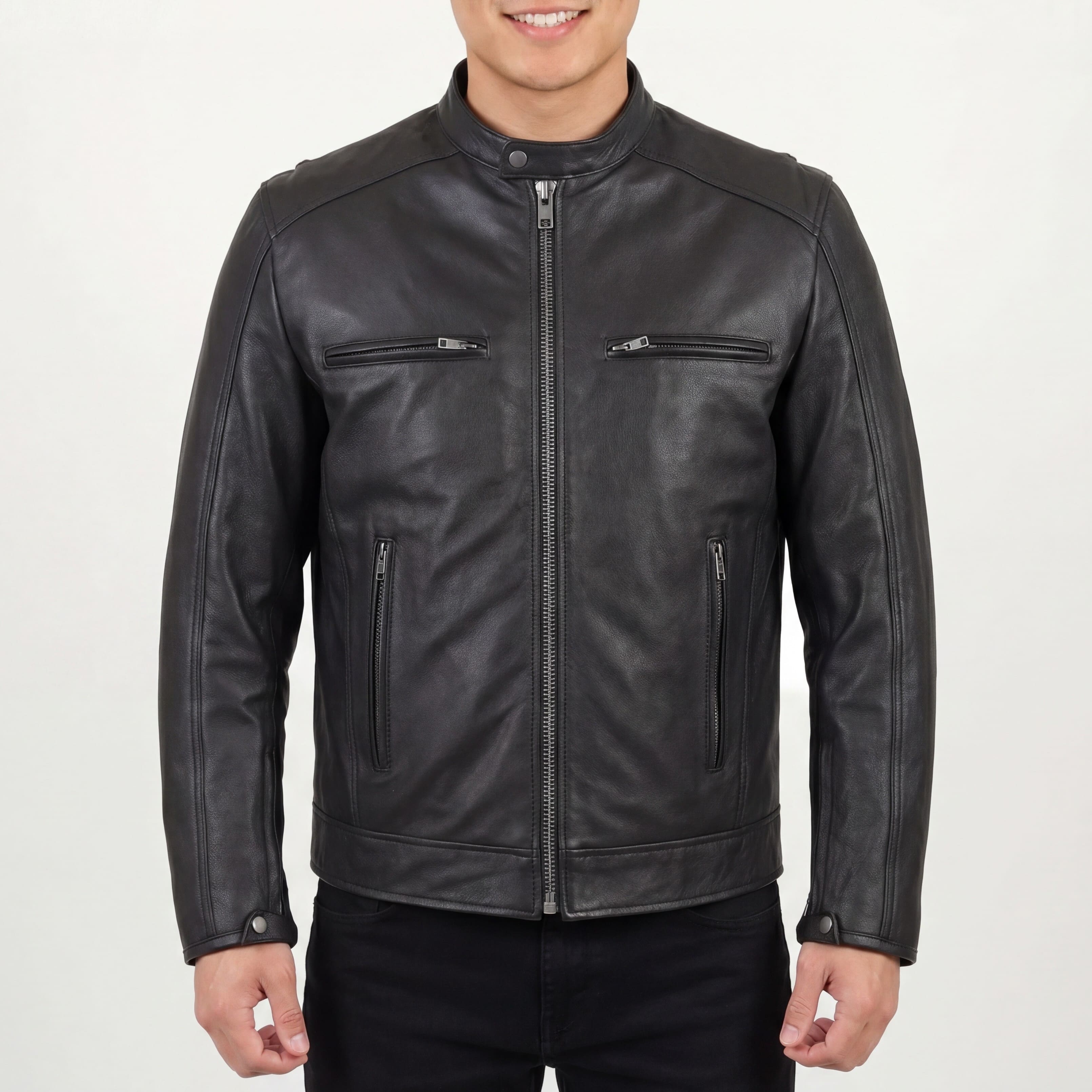 High Mileage Men's Premium Black Leather 'Racer Commuter' Scooter Motorcycle Jacket - front pose