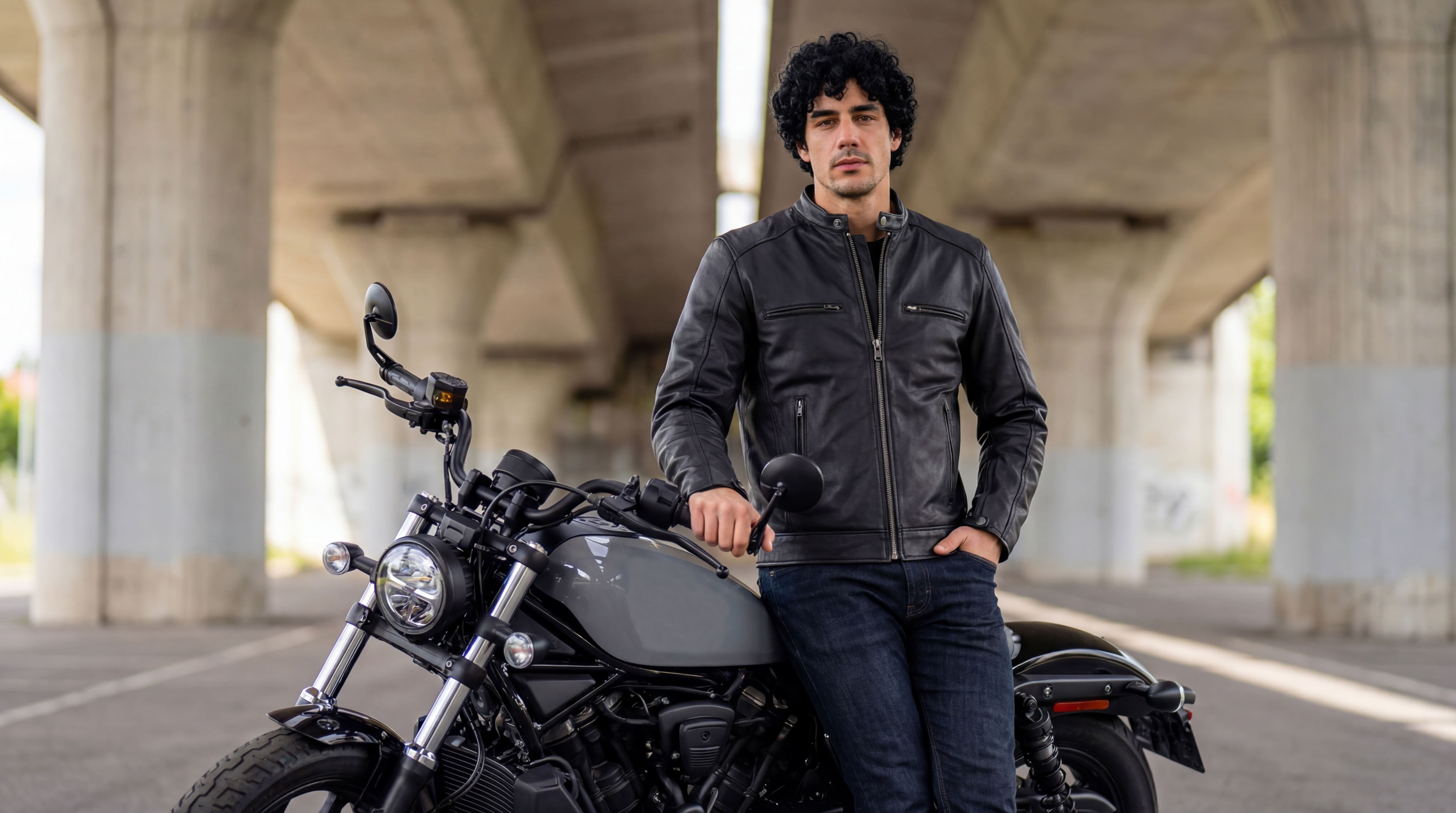 High Mileage Men's Premium Black Leather 'Racer Commuter' Scooter Motorcycle Jacket - lifestyle image