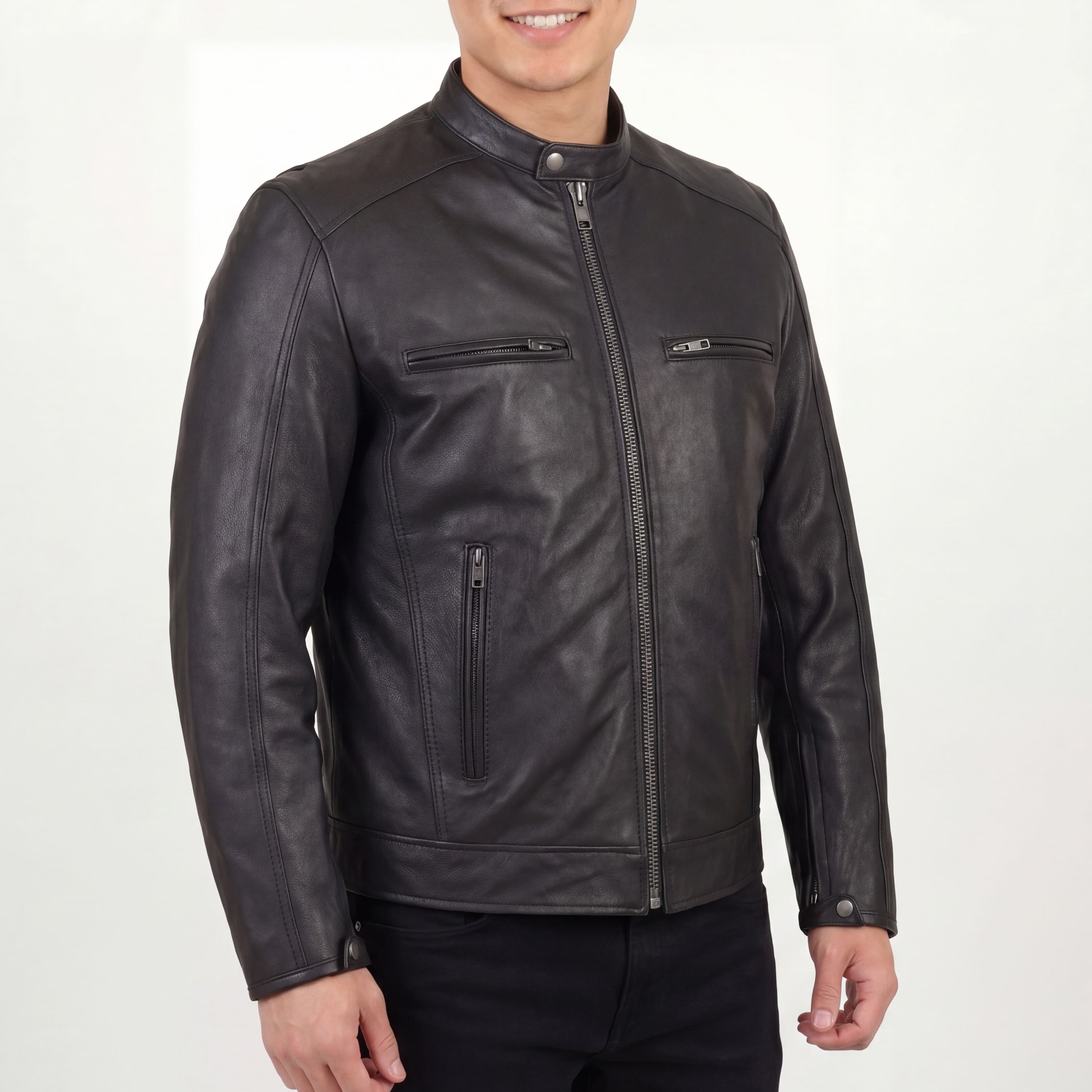High Mileage Men's Premium Black Leather 'Racer Commuter' Scooter Motorcycle Jacket - side pose