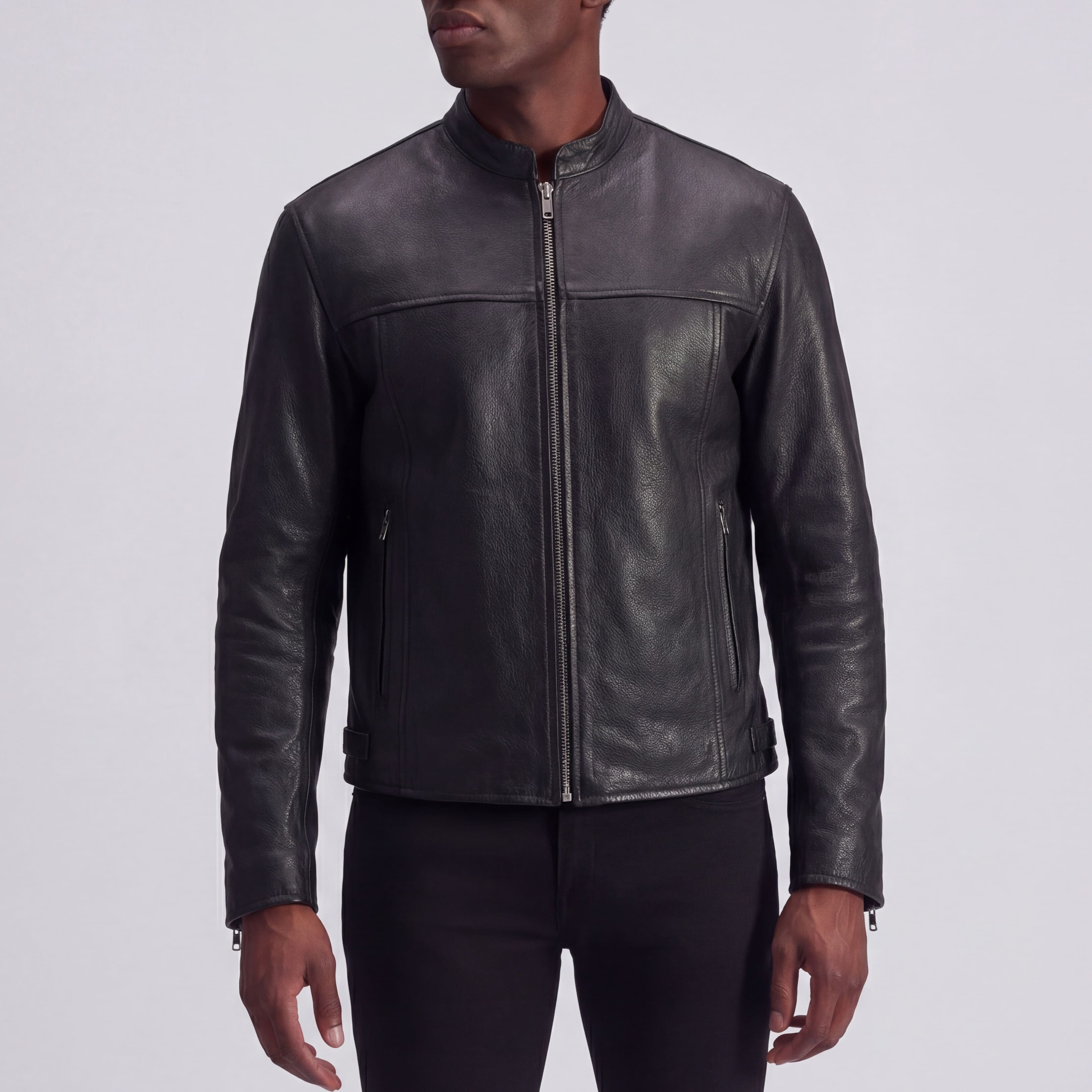 High Mileage Mens Advanced Clean Concealed Carry Black Cowhide Leather Motorcycle Riding Jacket - Front Pose