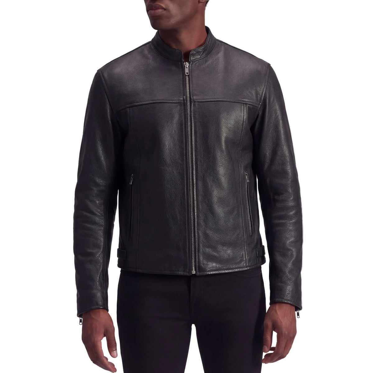High Mileage Mens Advanced Clean Concealed Carry Black Cowhide Leather Motorcycle Riding Jacket - Front Pose