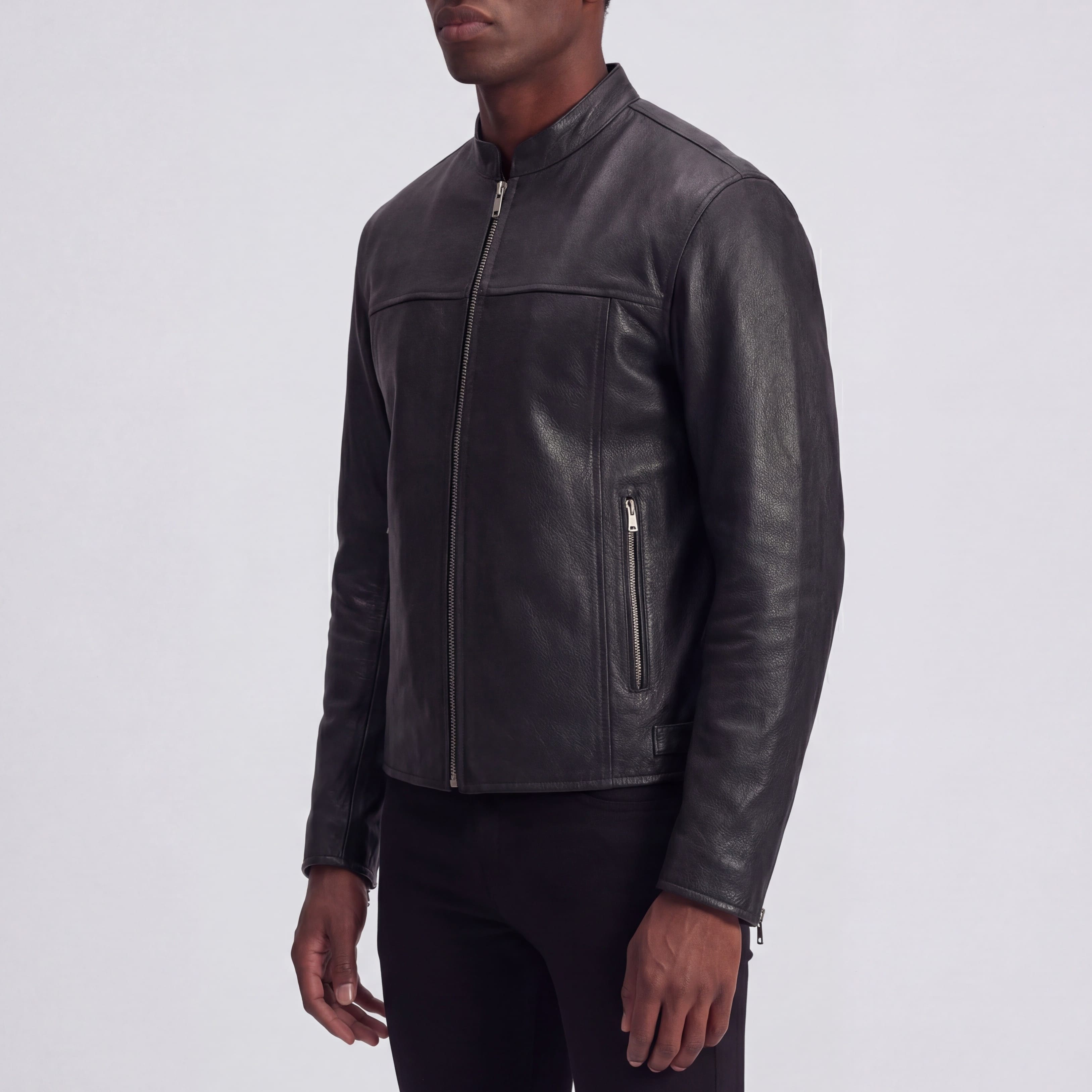 High Mileage Mens Advanced Clean Concealed Carry Black Cowhide Leather Motorcycle Riding Jacket - Side Pose