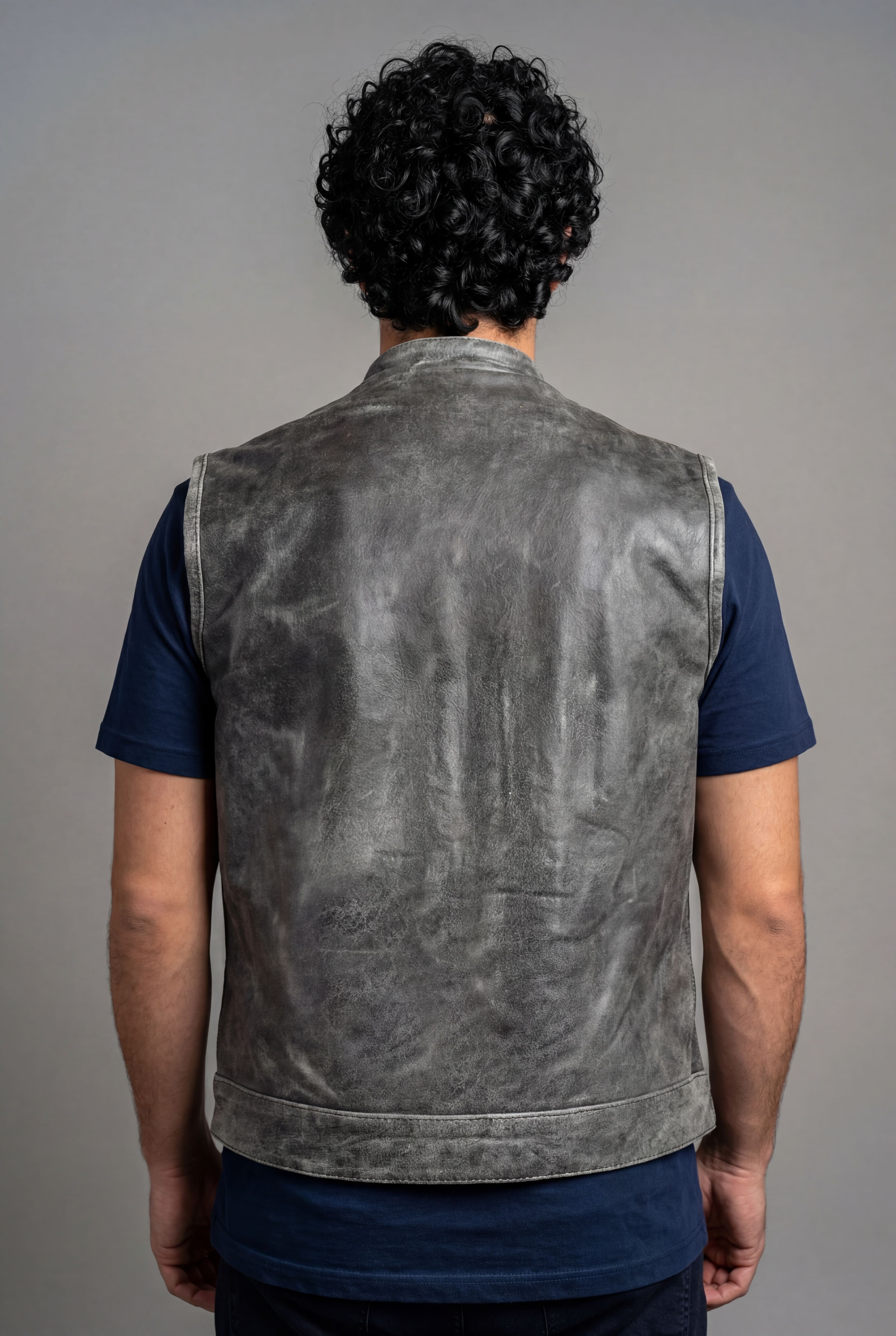 High Mileage Mens Premium Cowhide Distressed Gray SOA Style Biker Club Leather Motorcycle Vest - back pose