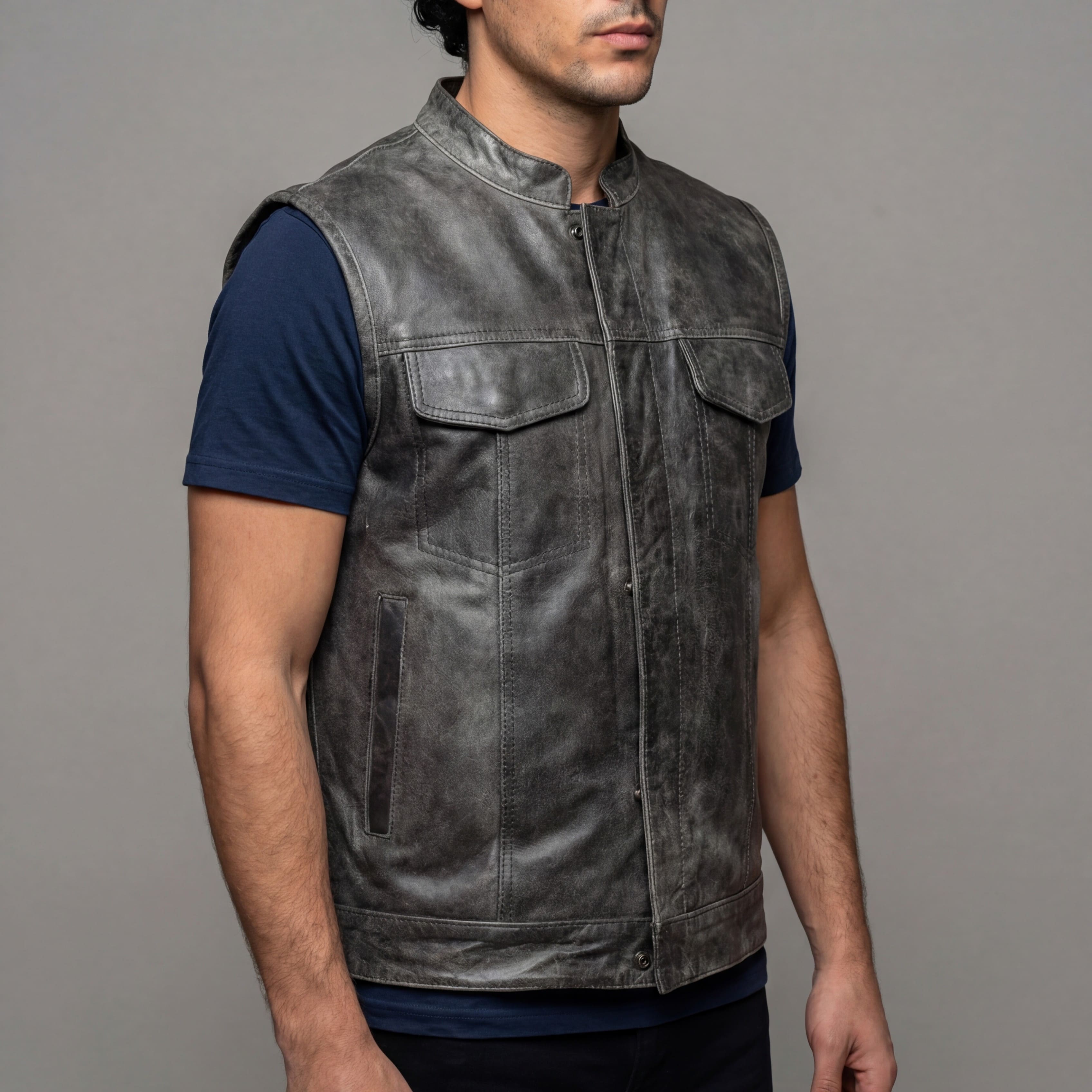 High Mileage Mens Premium Cowhide Distressed Gray SOA Style Biker Club Leather Motorcycle Vest - side pose