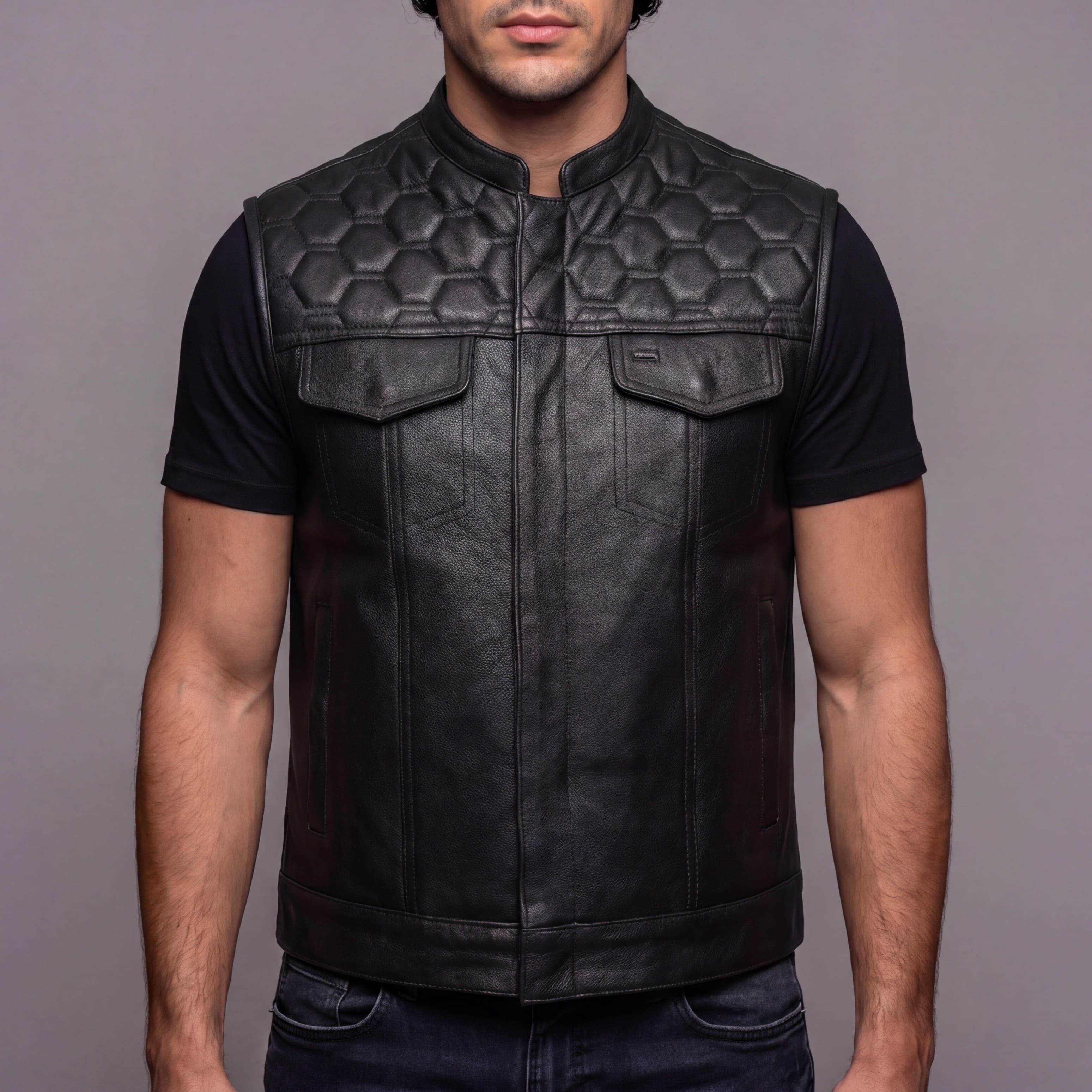 High Mileage Mens Zipper and Snap Closure Leather Club Vest with Quick Access & American Flag Liner - front pose