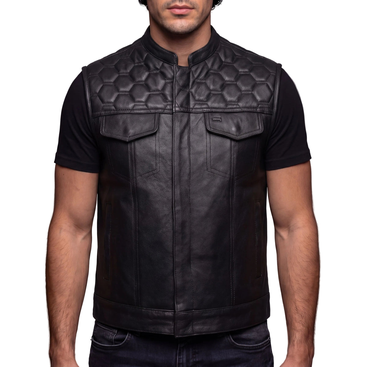 High Mileage Mens Zipper and Snap Closure Leather Club Vest with Quick Access & American Flag Liner - front pose