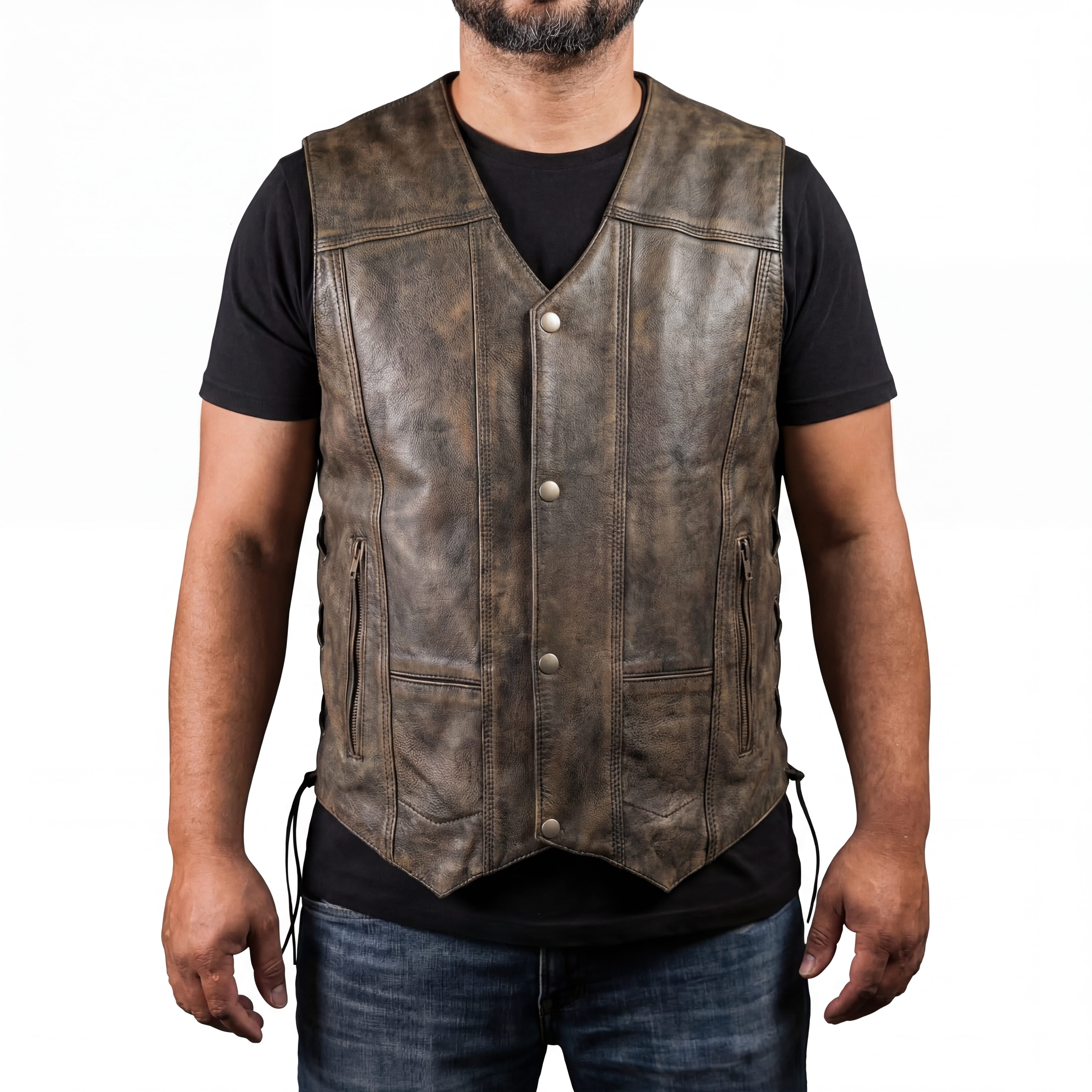 Mens Premium Brown Ten Pocket Leather Motorcycle Vest