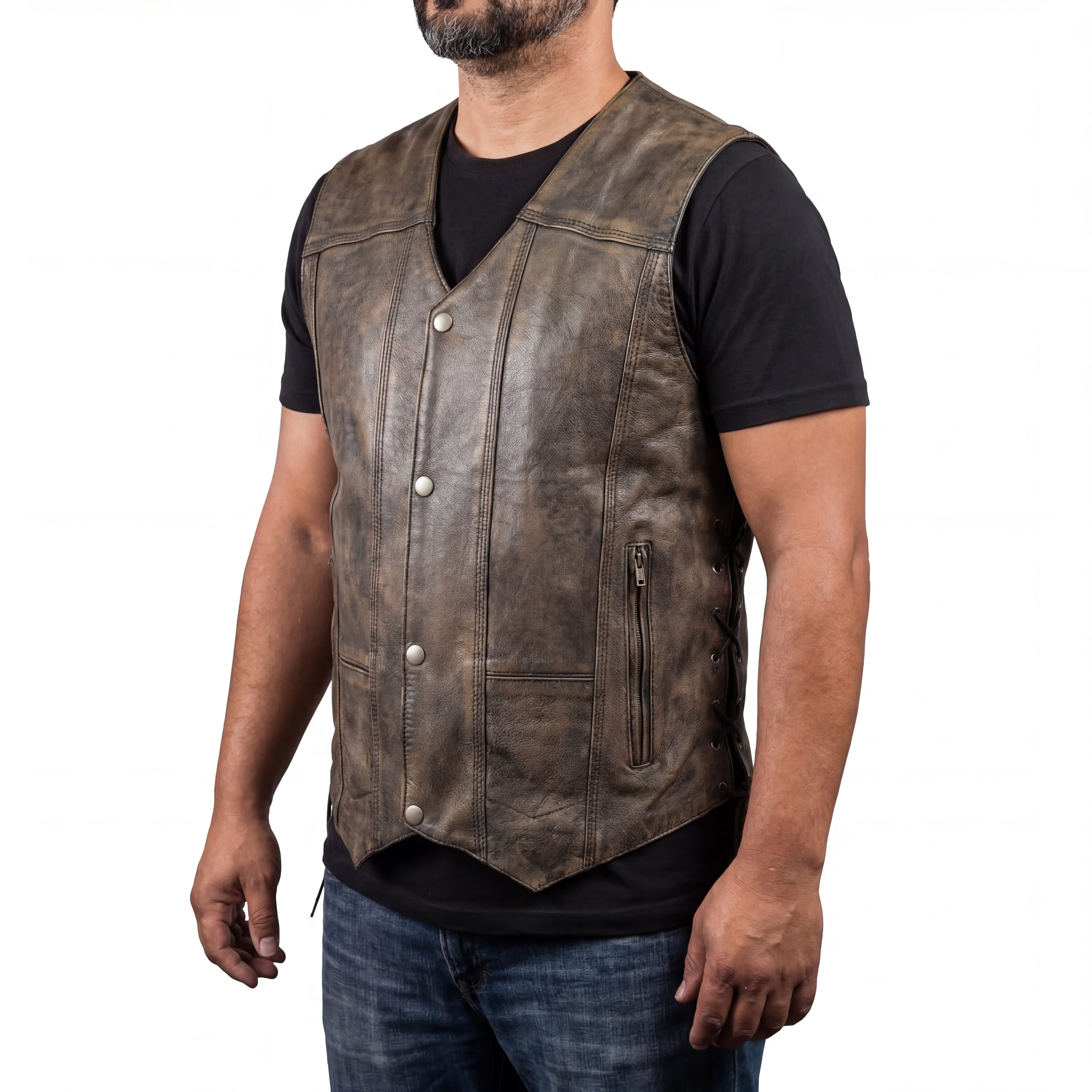 High Mileage Mens Distressed Brown Premium Cowhide Ten Pocket Leather Motorcycle Vest