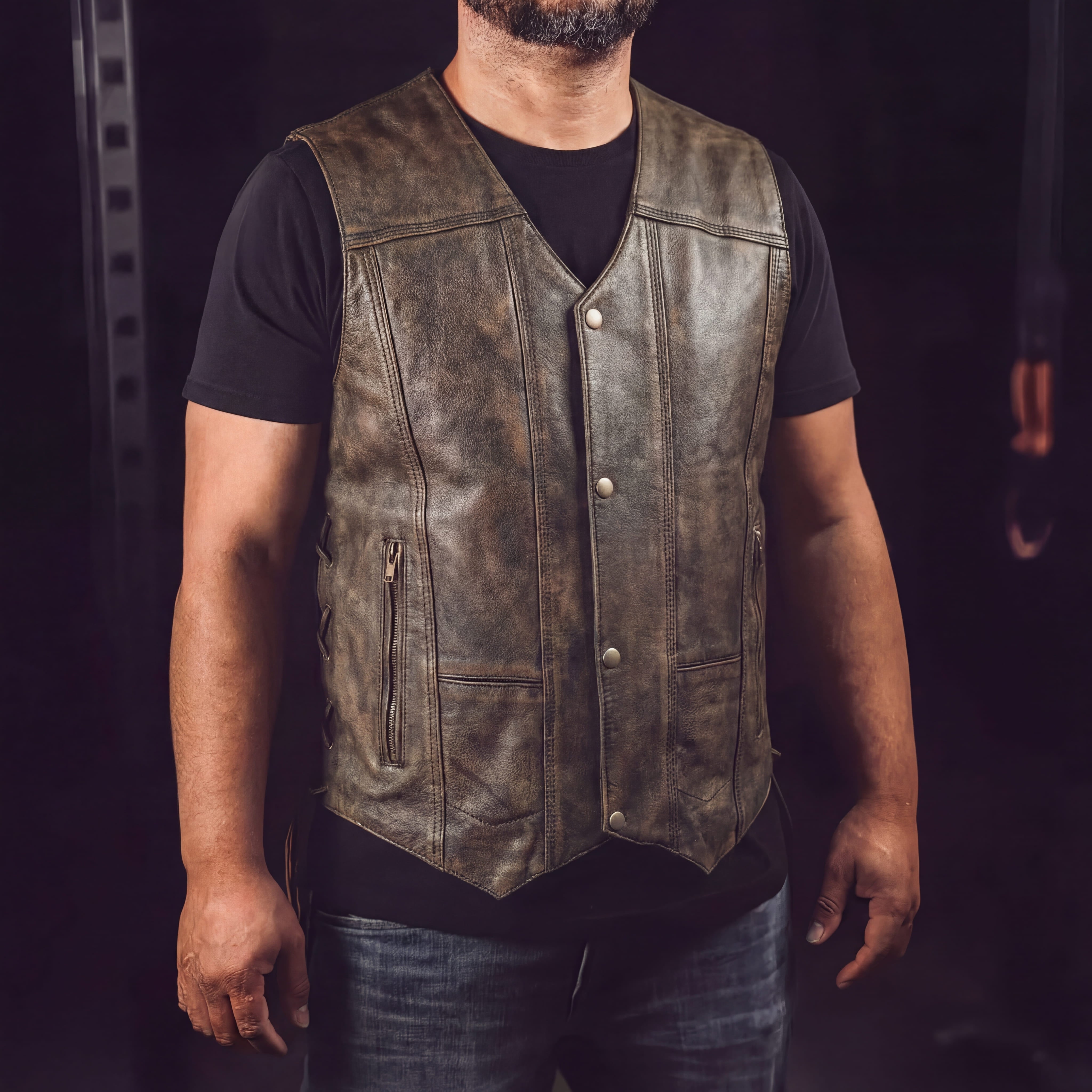 High Mileage Mens Distressed Brown Premium Cowhide Ten Pocket Leather Motorcycle Vest