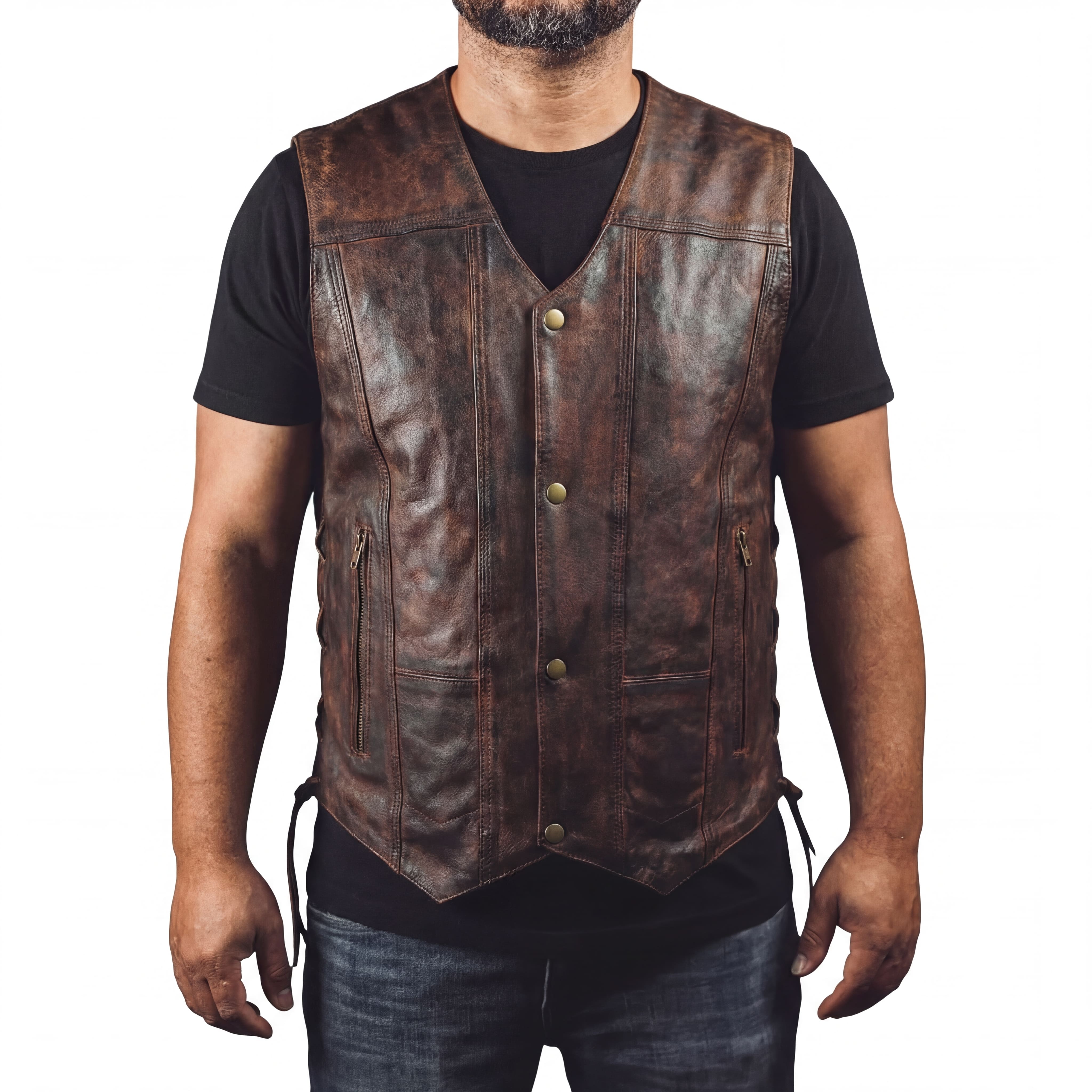 Men Vintage Brown Cowhide Ten Pocket Leather Motorcycle Vest