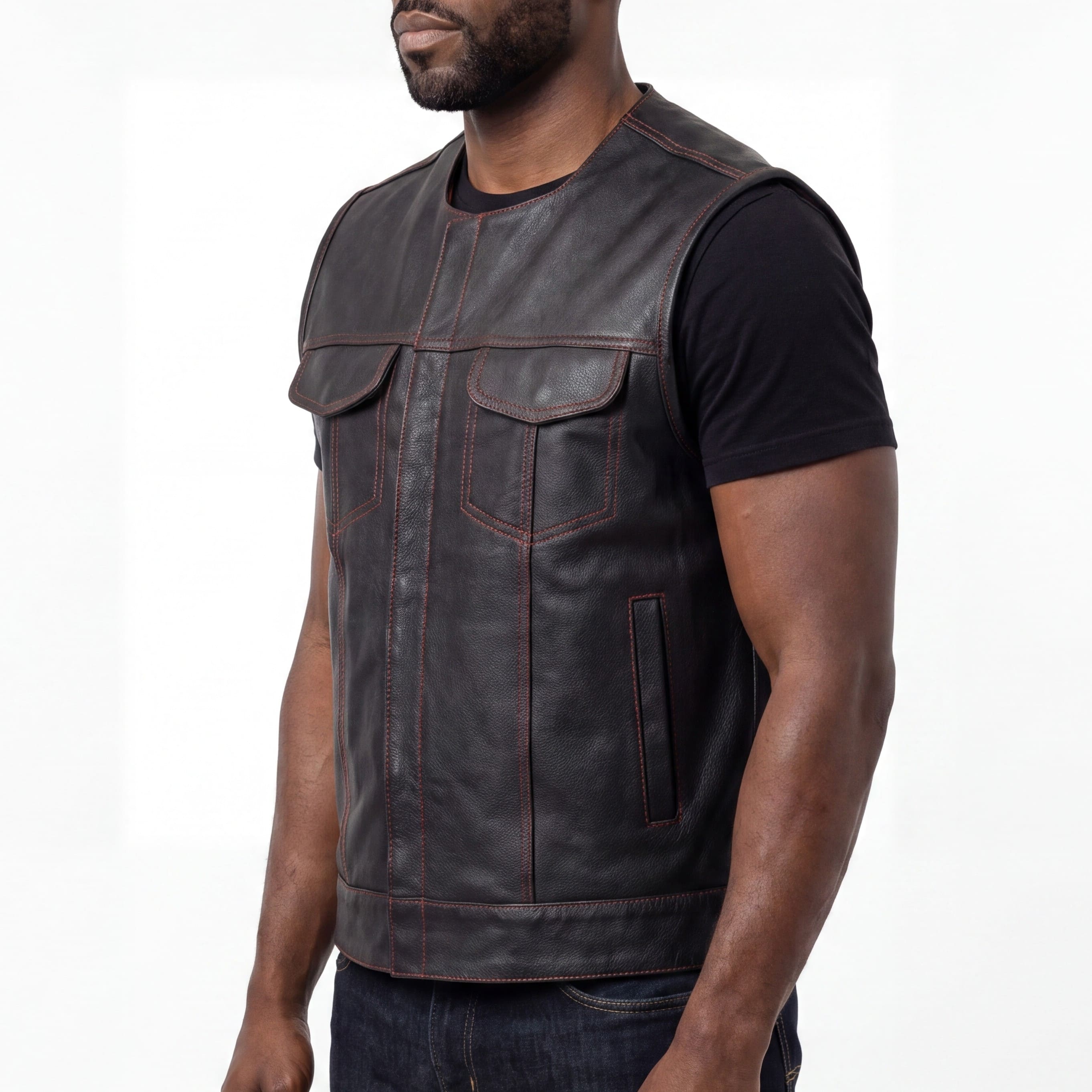 High Mileage Men's Black Premium Cowhide Leather SOA Style Club Vest With Quick Access Conceal Carry Pocket and Red Liner - side pose