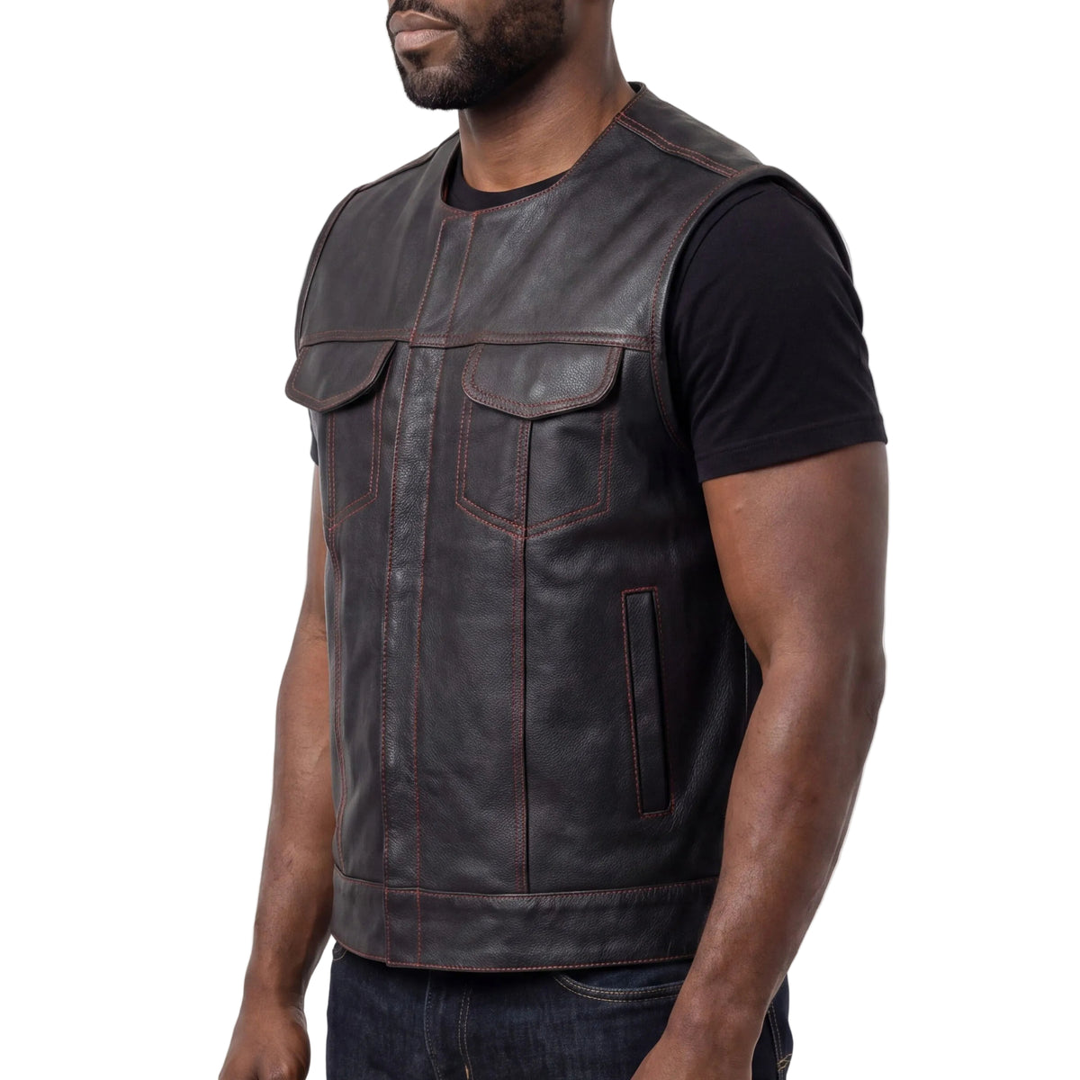 High Mileage Men's Black Premium Cowhide Leather SOA Style Club Vest With Quick Access Conceal Carry Pocket and Red Liner - side pose