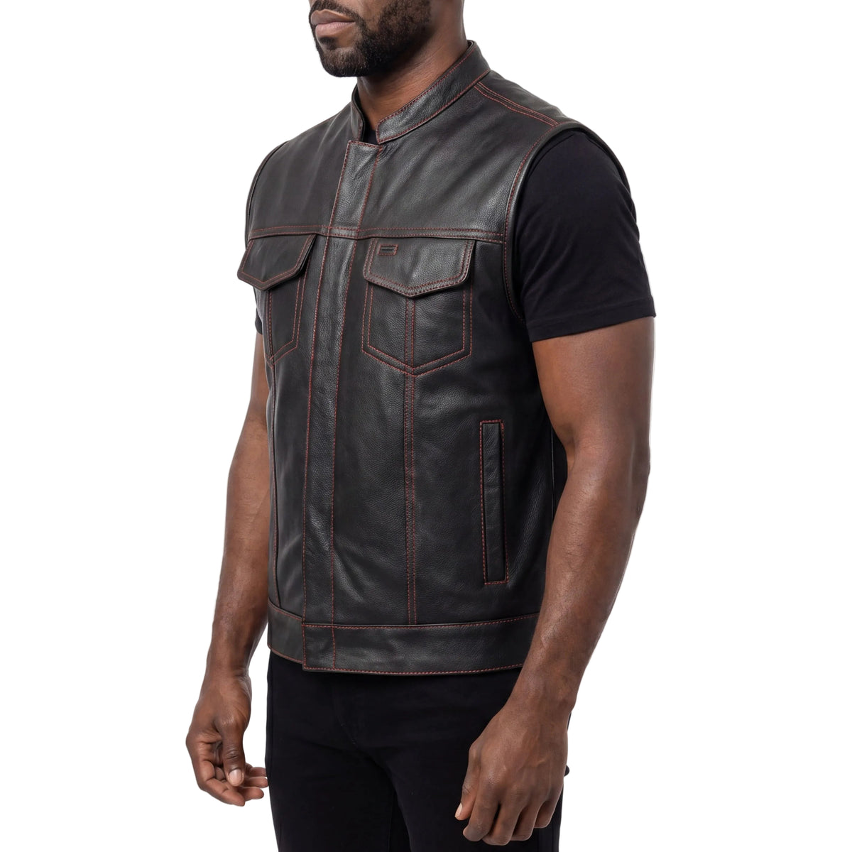 High Mileage Men's Zipper and Snap Closure Leather Club Vest with American Flag Liner and Red Stitching - side pose
