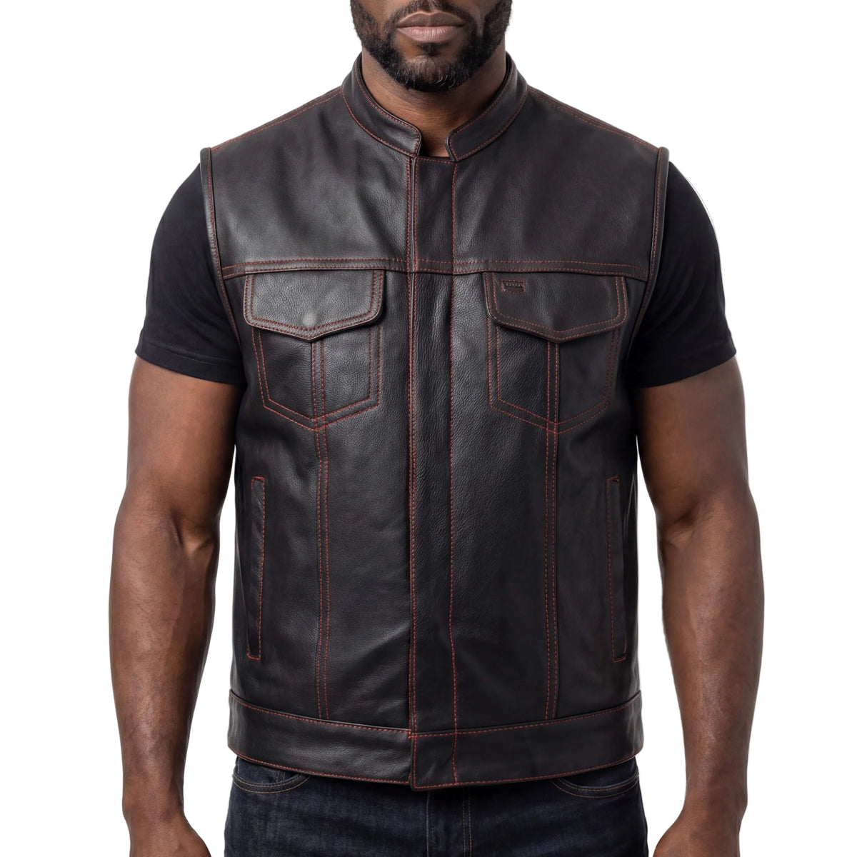 High Mileage Men's Zipper and Snap Closure Leather Club Vest with American Flag Liner and Red Stitching - front pose