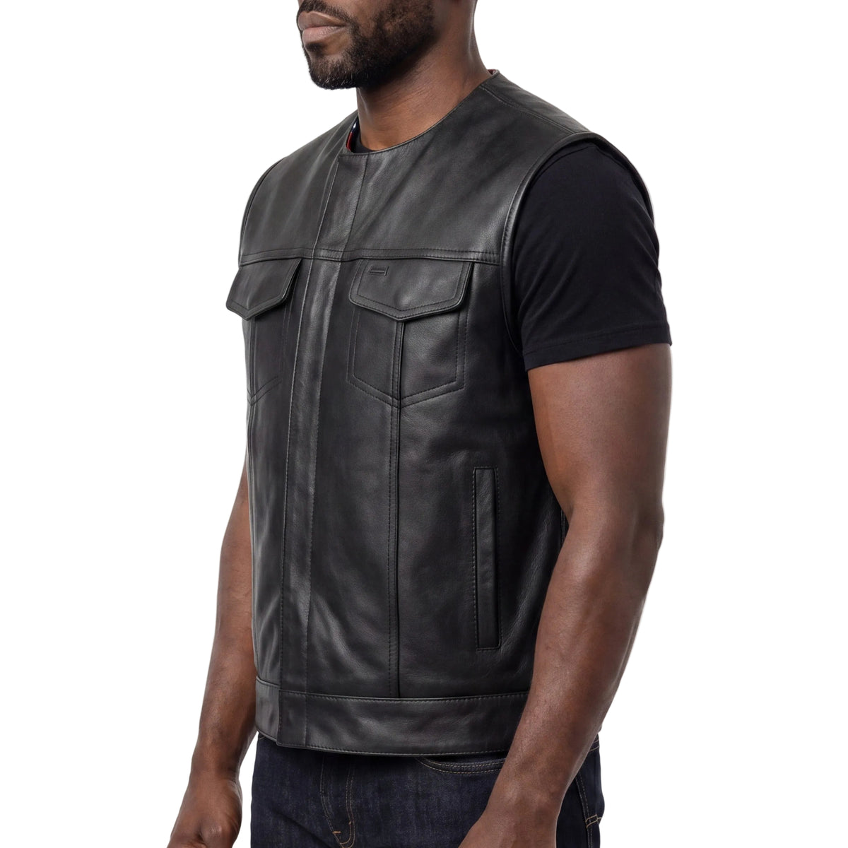 High Mileage Mens Zipper and Snap Closure Collarless Club Vest with American Flag Liner - side pose