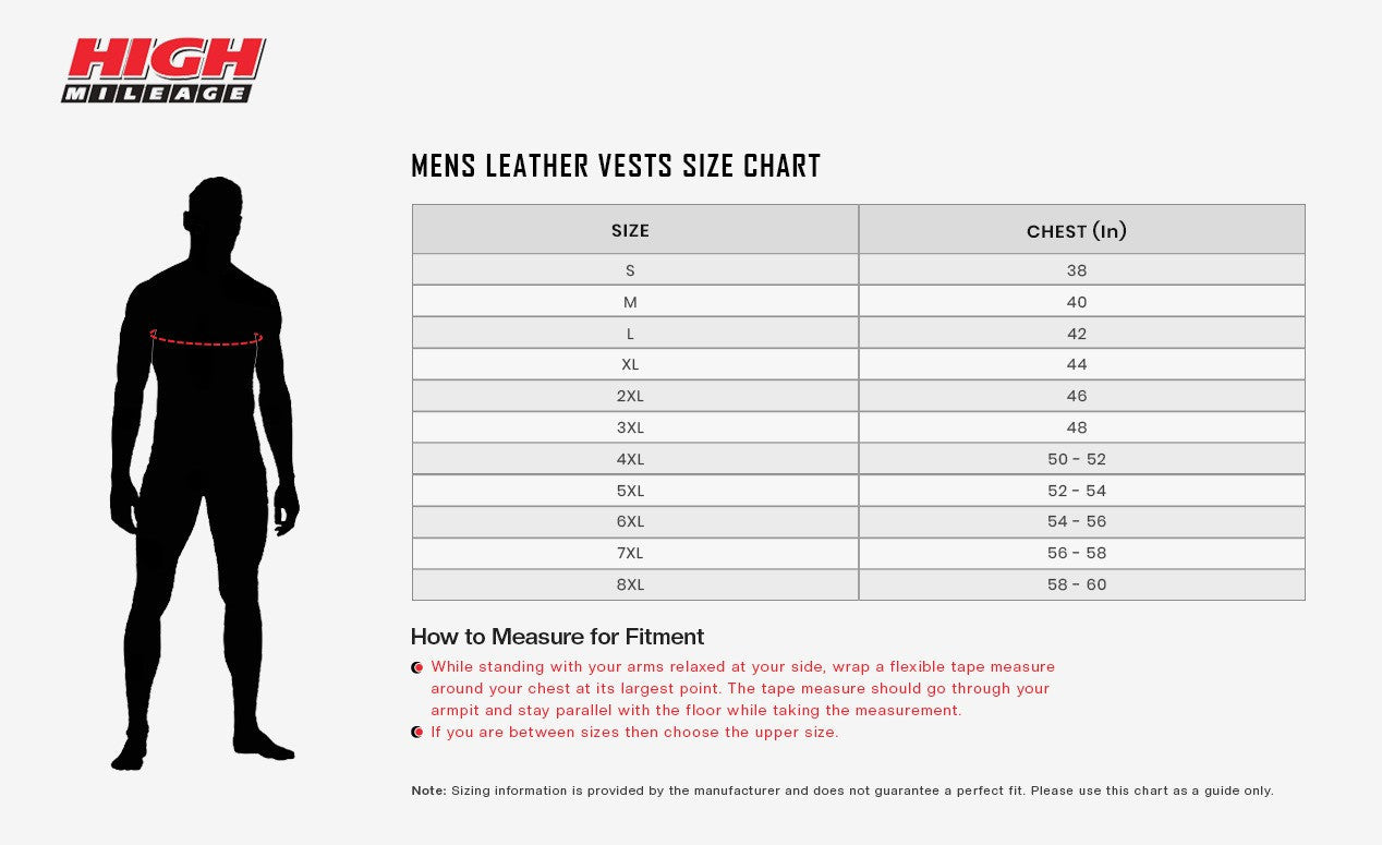High Mileage HMM915DG Mens Distressed Gray Premium Cowhide Ten Pocket Leather Motorcycle Vest - size chart
