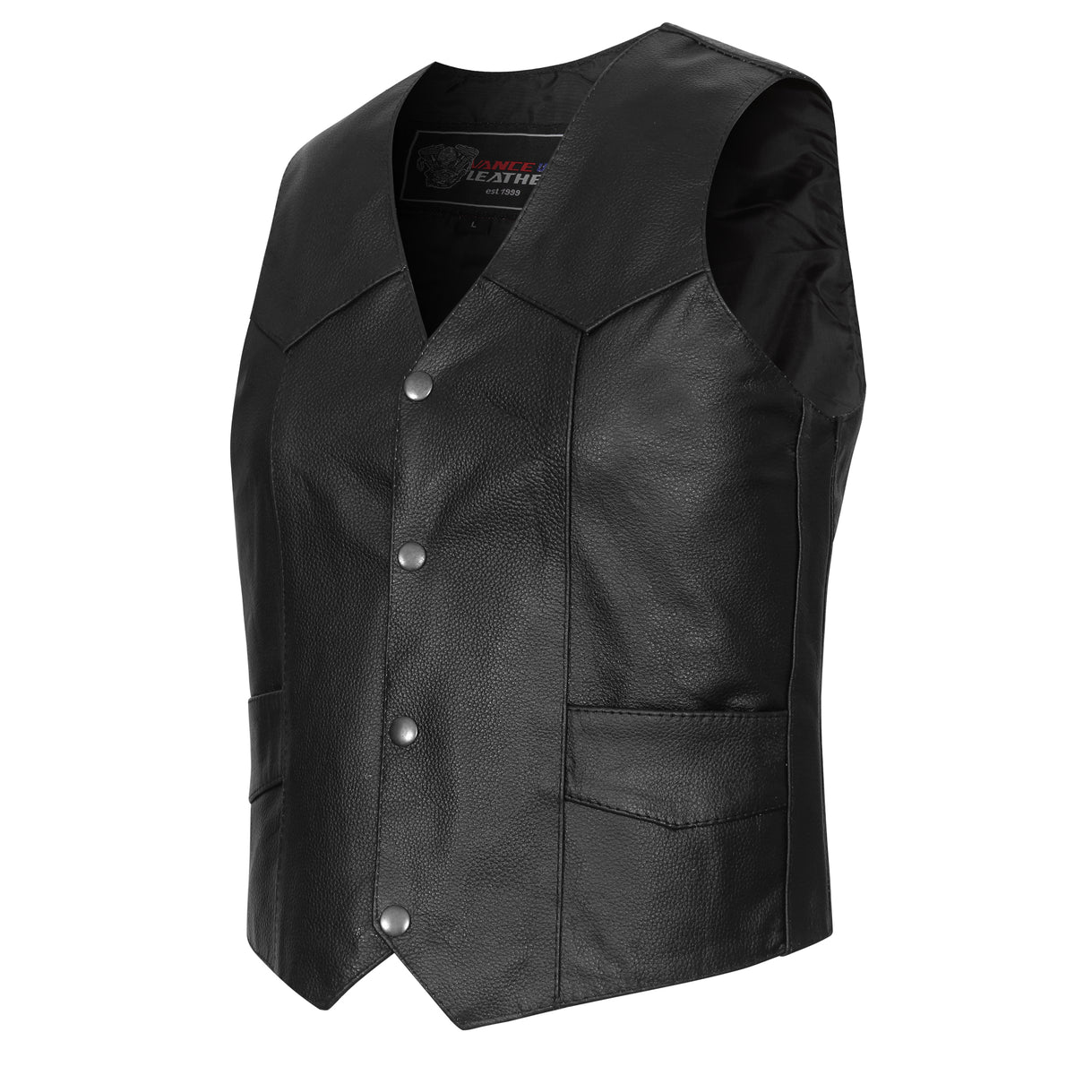 Angled view of Vance youth plain side cowhide leather biker vest showing V-neck cut