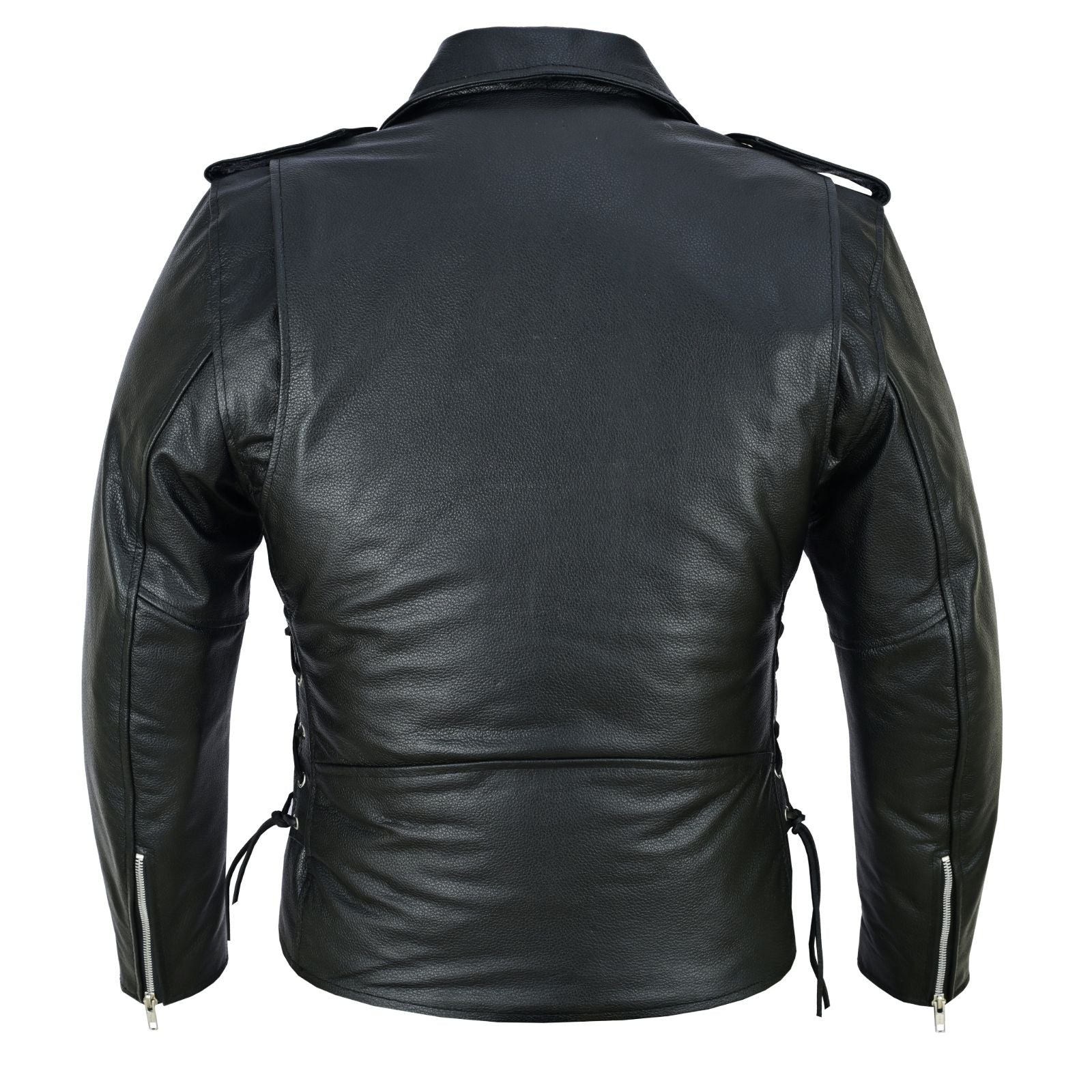 Men's Black Leather Motorcycle Jacket with CE Armor, Classic Biker Style w/ Side Lace & Belted Waist - Back View