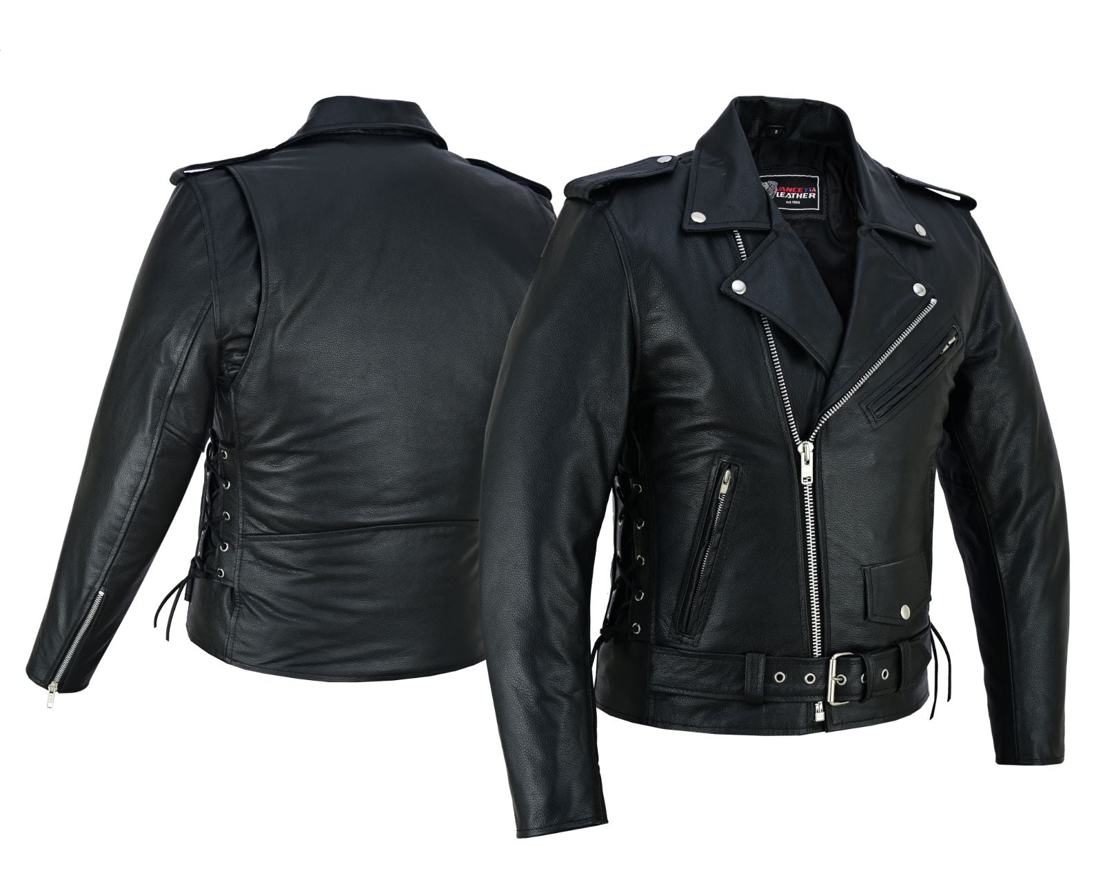 Men's Black Leather Motorcycle Jacket with CE Armor, Classic Biker Style w/ Side Lace & Belted Waist - Front & Back View