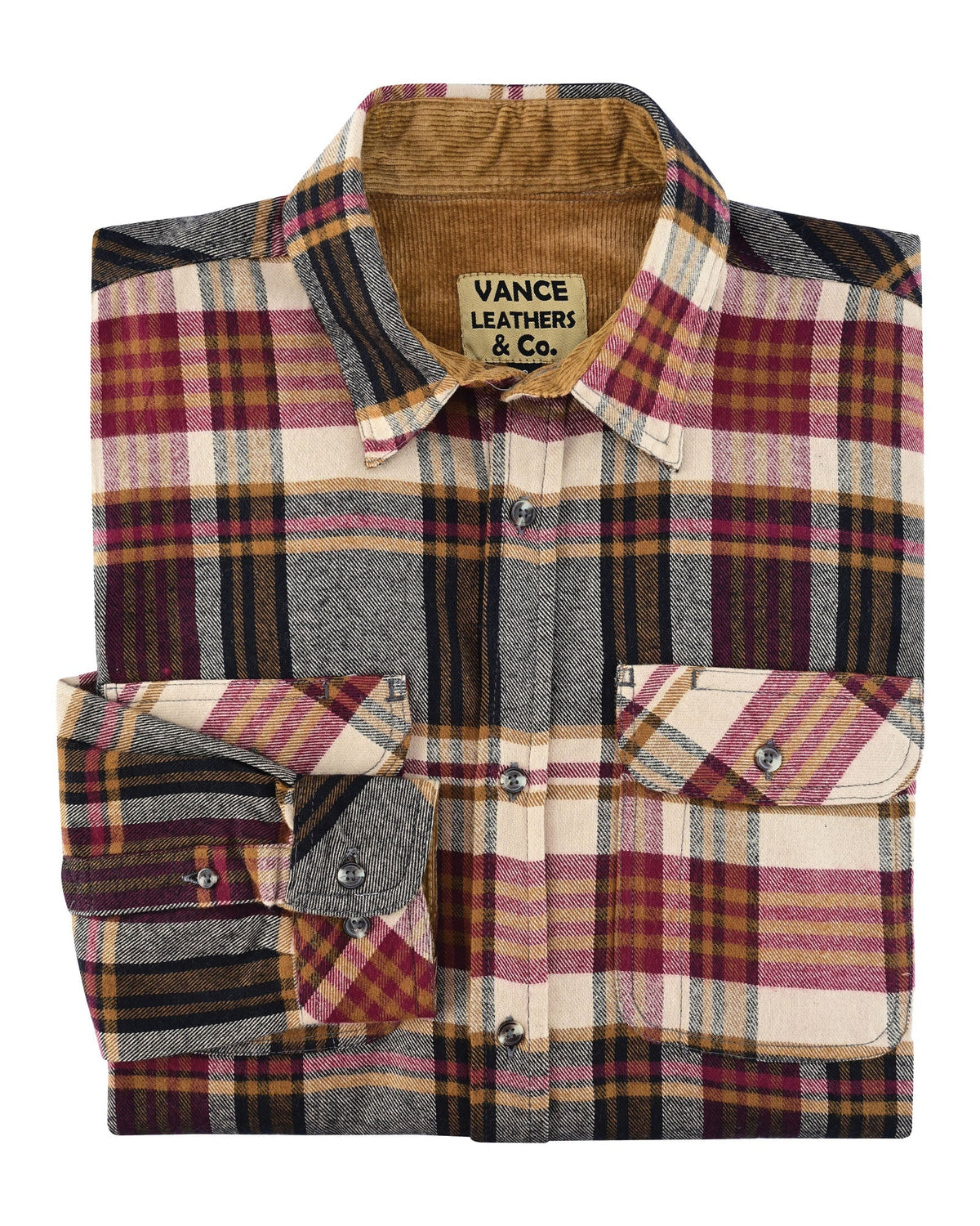 Folded Cedarwood Plaid cotton flannel shirt showing chest pockets, buttoned cuff and tan corduroy collar lining.
