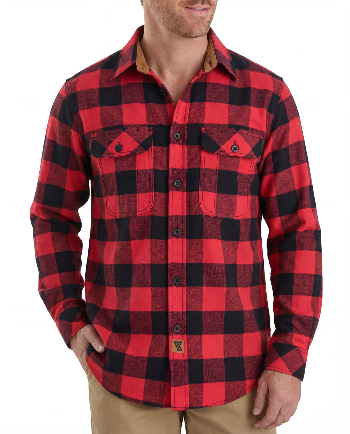 Model wearing the men's Classic Red and black plaid flannel shirt with long sleeves and two button-flap chest pockets.