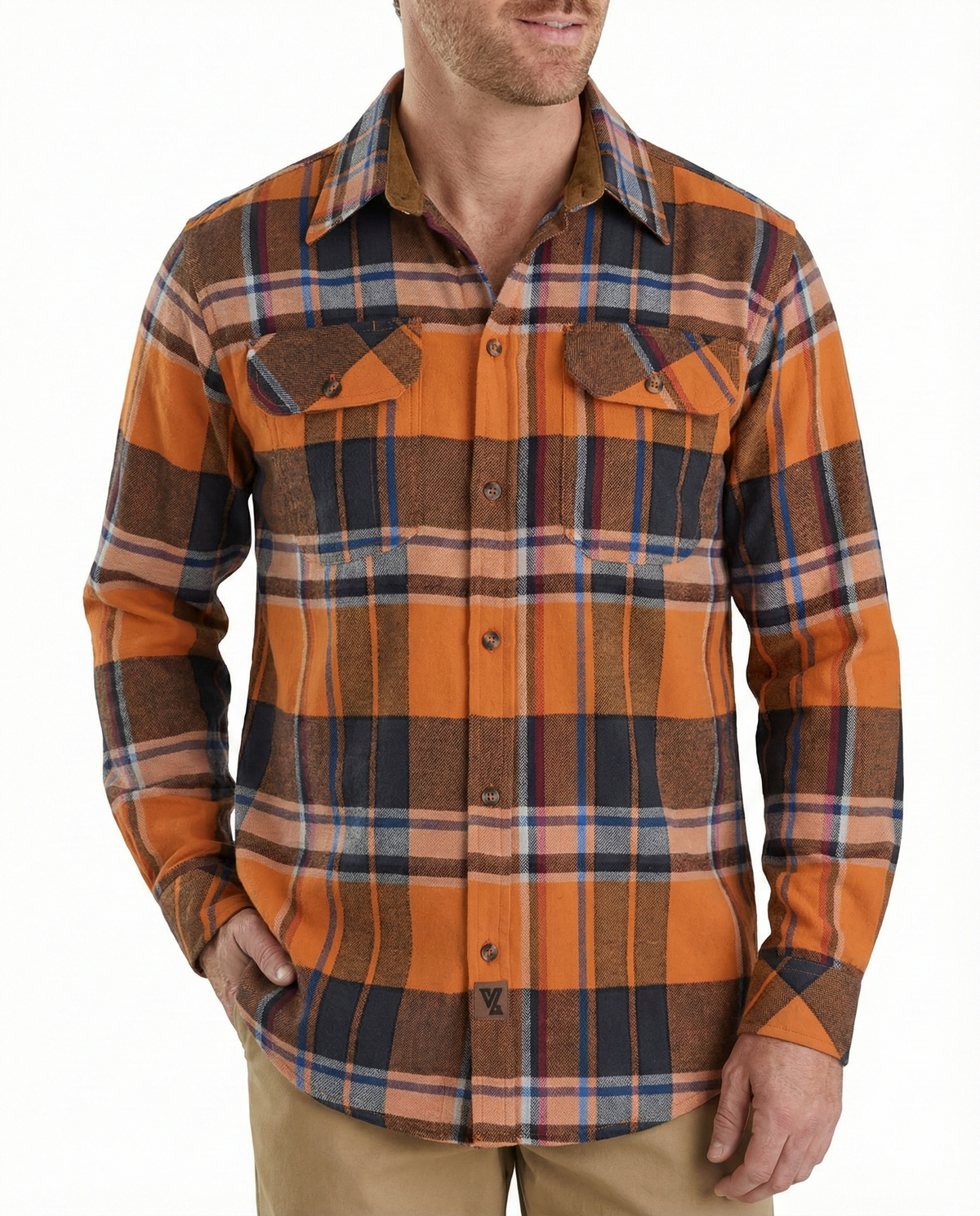 Model wearing a men’s Cobalt orange and brown plaid flannel shirt with long sleeves and two buttoned chest pockets.