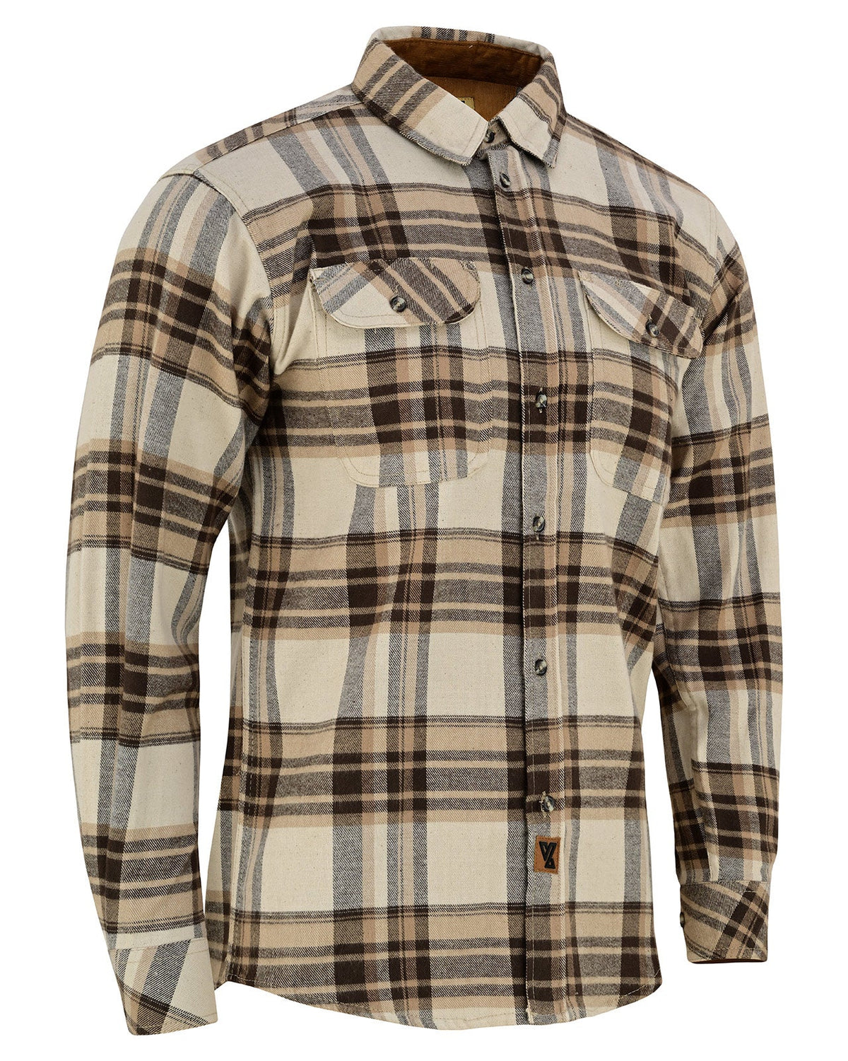 Angled front view of men's Coffee & Cream brushed cotton flannel shirt with ivory and brown plaid and flap chest pockets.