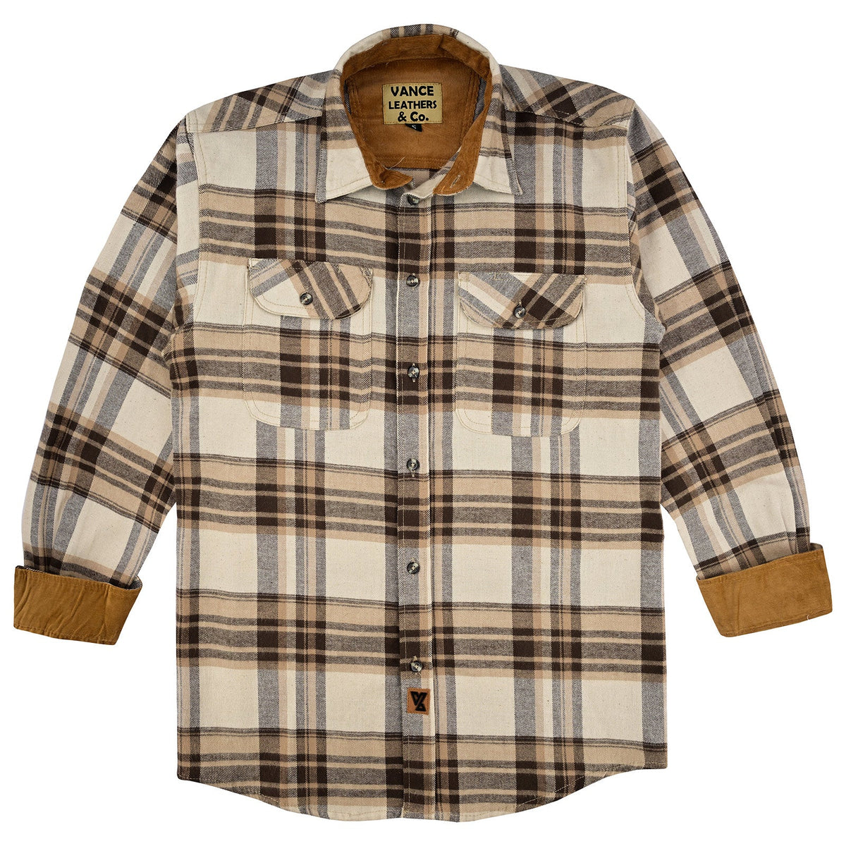 Men's Coffee & Cream plaid flannel shirt laid flat with cuffs turned back to reveal tan corduroy lining.