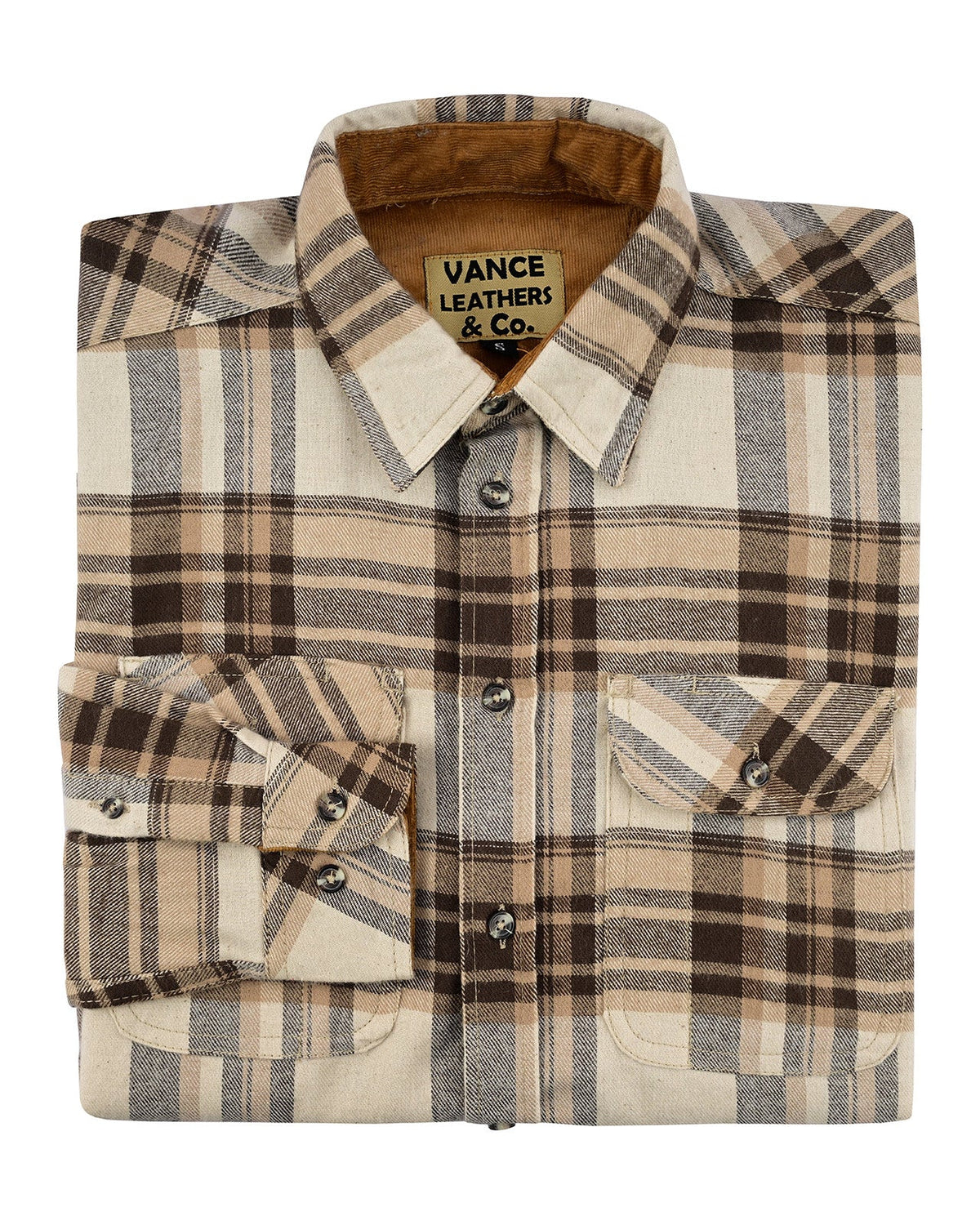 Folded men's Coffee & Cream plaid flannel shirt showing tan corduroy collar lining, buttoned cuff and chest pocket flaps.