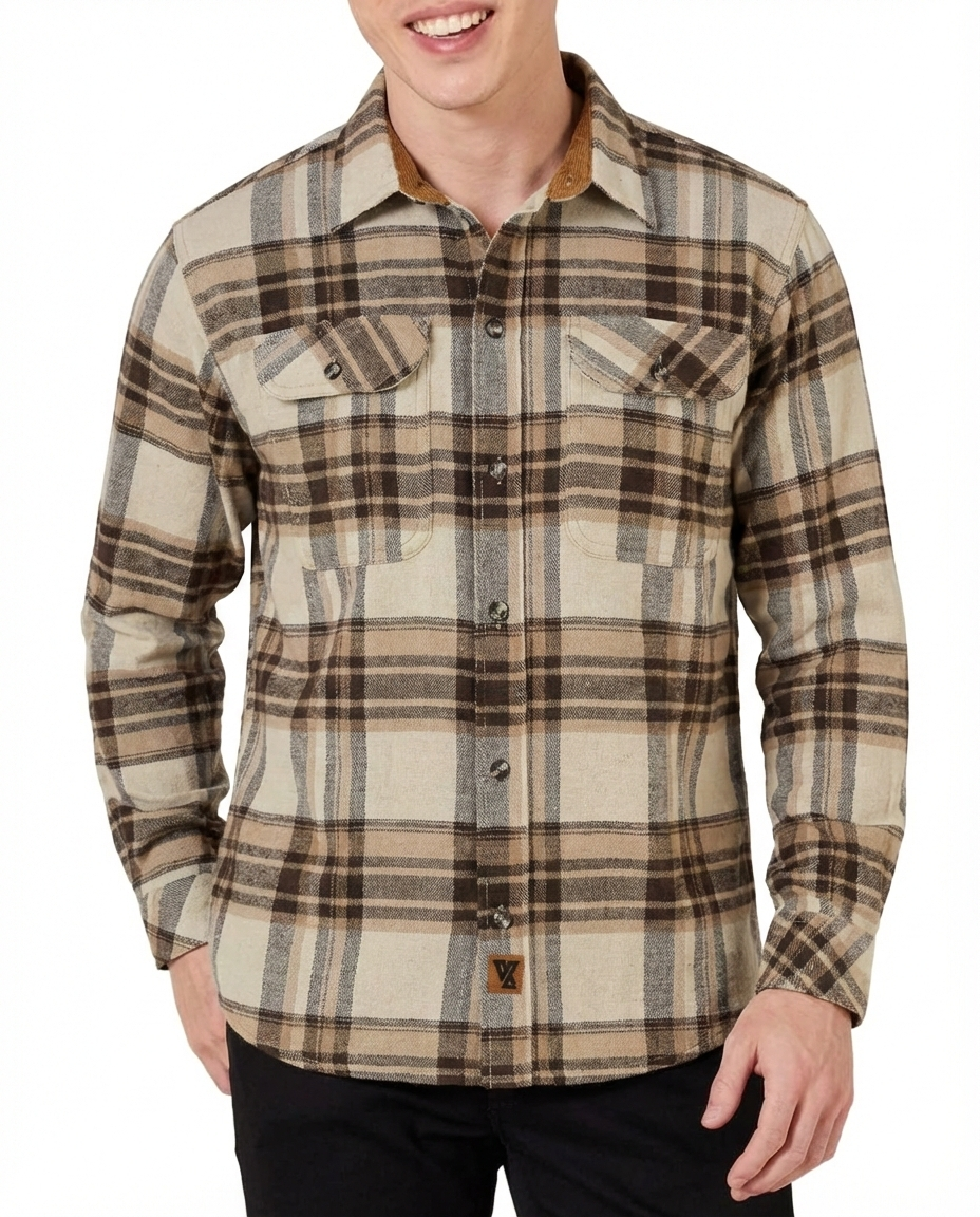 Model wearing a men's Coffee & Cream plaid flannel shirt with long sleeves, button front and two chest pockets.
