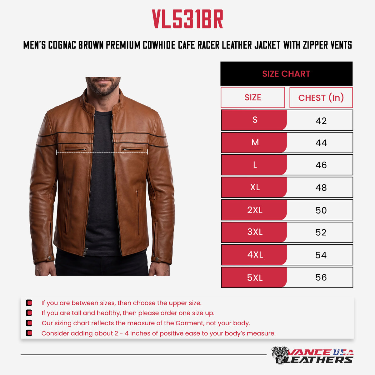 Cognac cafe racer jacket size chart: garment chest S 42, M 44, L 46, XL 48, 2XL 50, 3XL 52, 4XL 54, 5XL 56 inches.