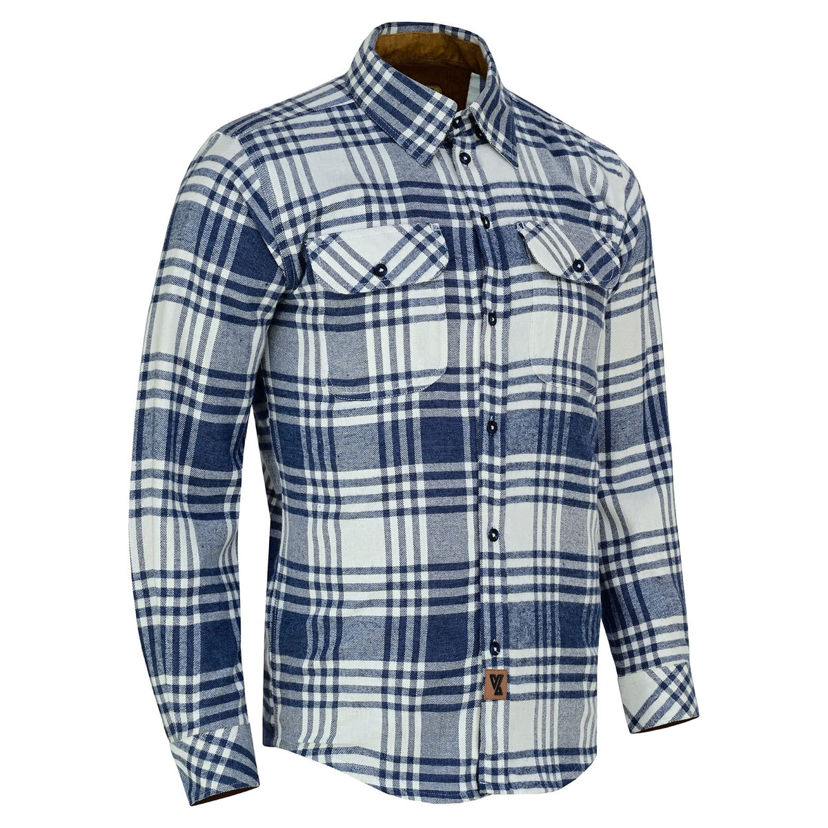 Angled front view of the Glacier blue and white plaid flannel shirt with buttoned chest pockets and long sleeves.